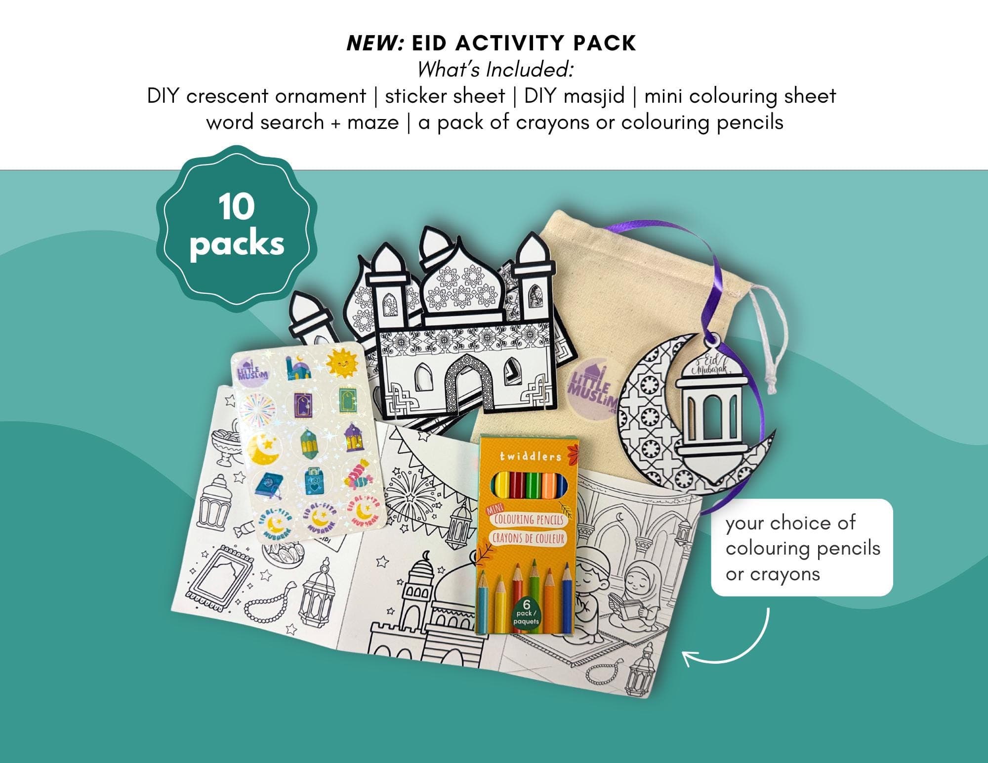 10 Pack Eid Activity Kit | Kids Crafts, Stickers, Games (Pencils/Crayons)