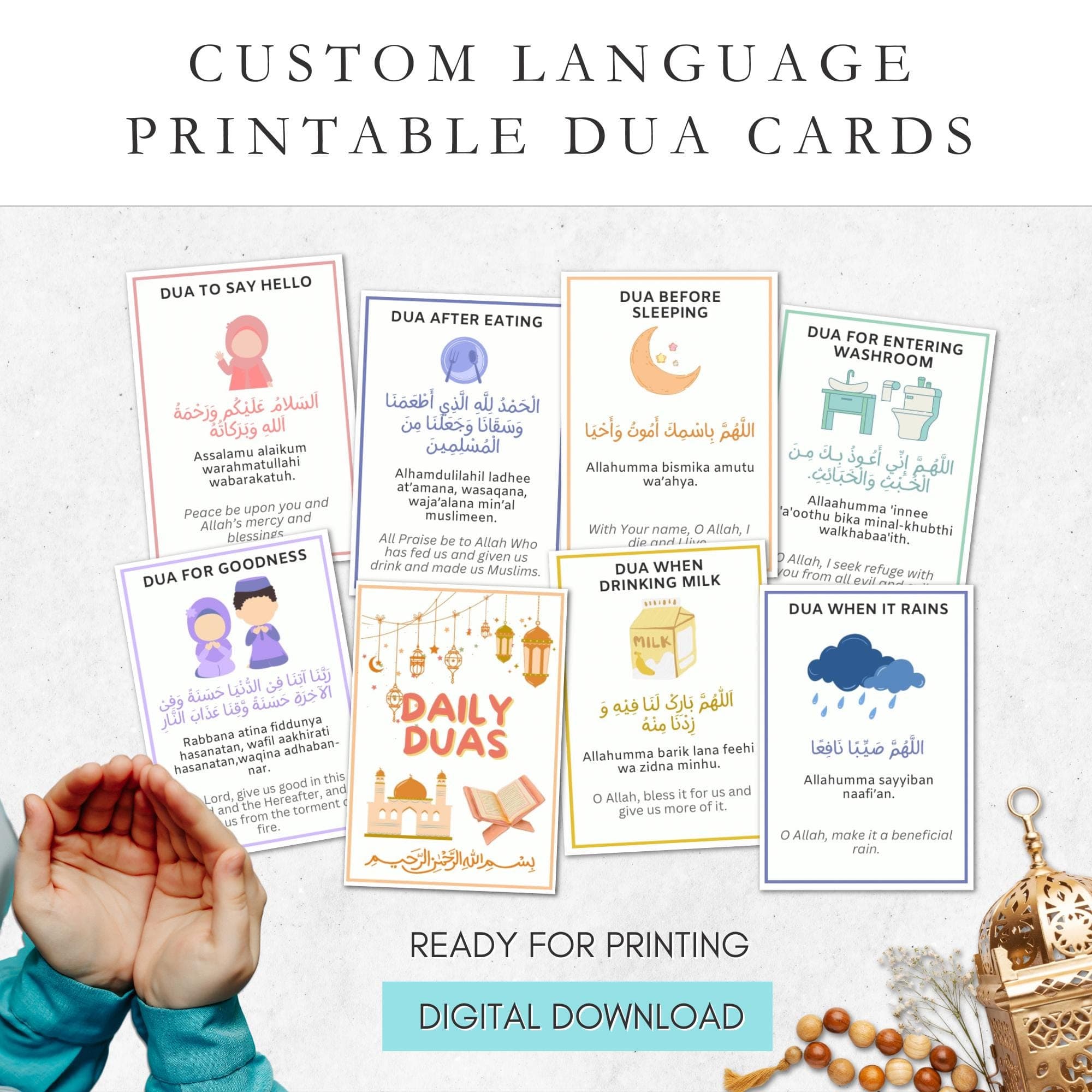 Custom Language Daily Dua Flashcards: Islamic Prayer Cards (Digital Download)