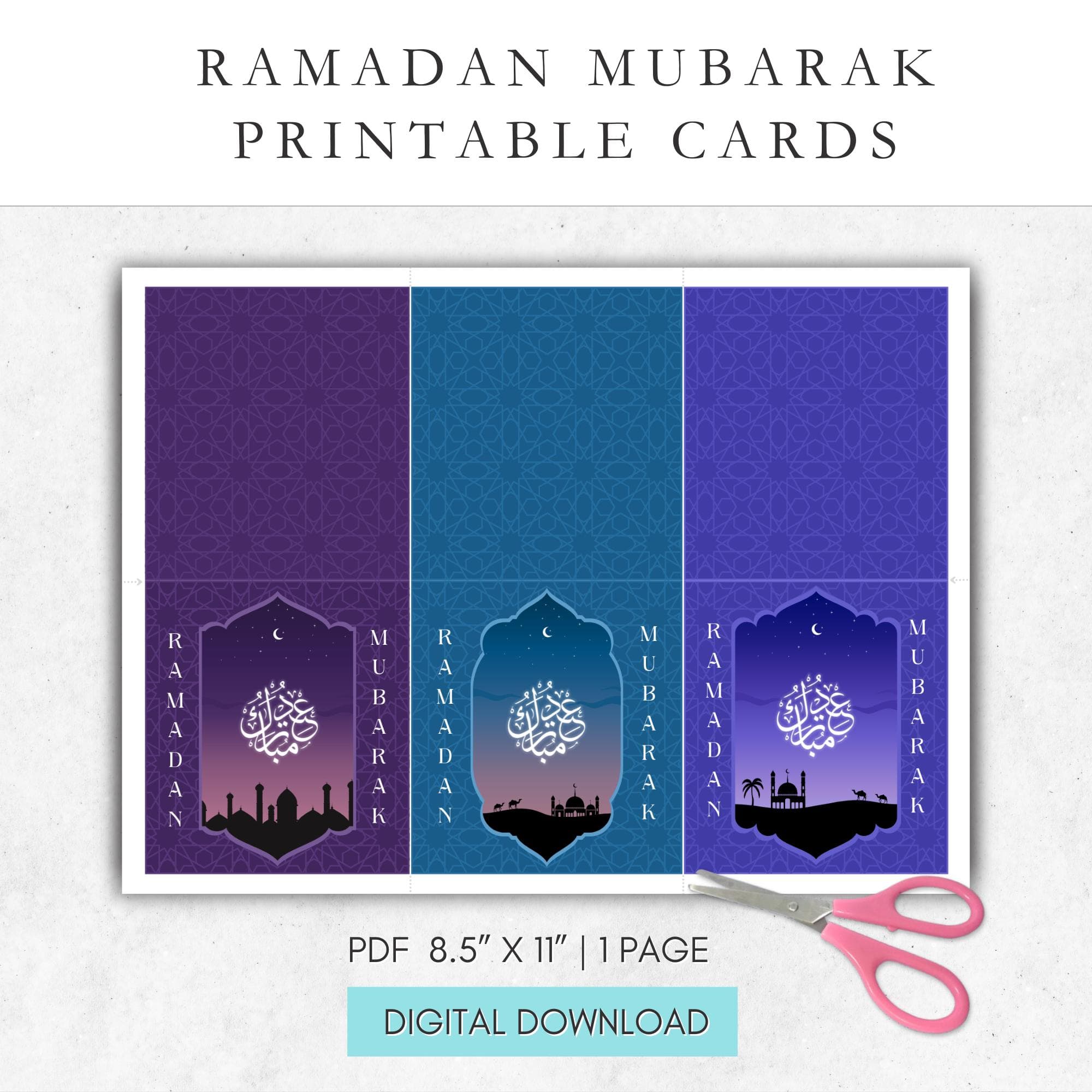 Printable Ramadan greeting cards featuring modern and traditional designs with Arabic calligraphy. Instant digital download for Ramadan Mubarak cards, perfect for gifts, greeting cards, and Ramadan gift tags. Easy to print, cut, and personalize.