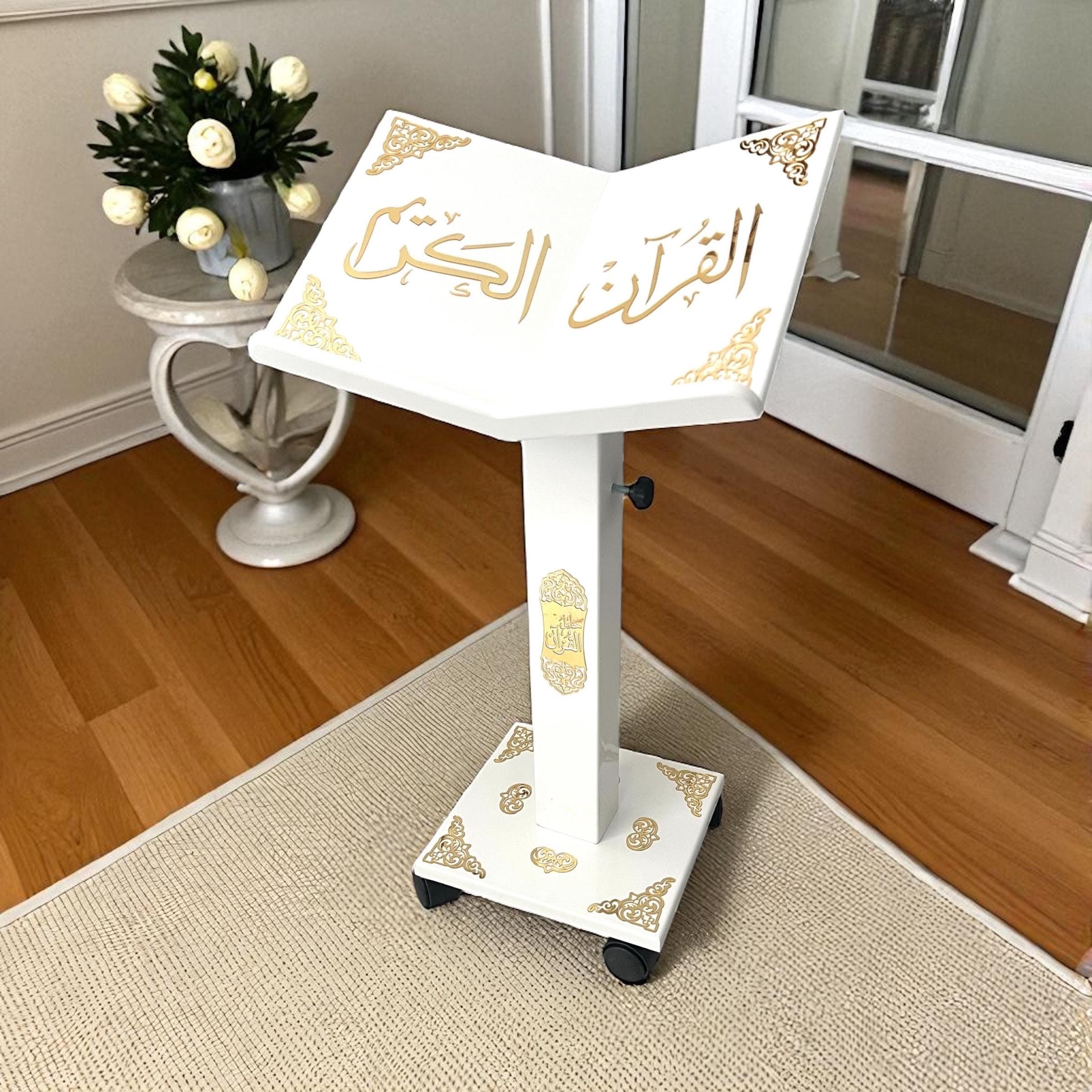 White Wooden Quran Stand: Adjustable Height Lectern with Wheels | Quran Holder | Islamic Ramadan Gift - image 3