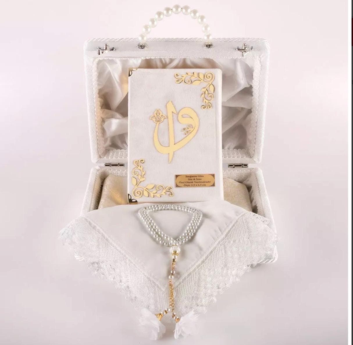 White Velvet Bridal Gift Set: Quran, Shawl, Prayer Mat, Beads - image 3