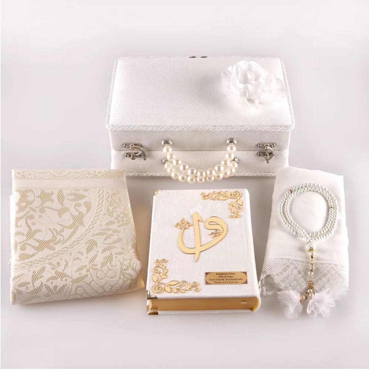 White Velvet Bridal Gift Set: Quran, Shawl, Prayer Mat, Beads