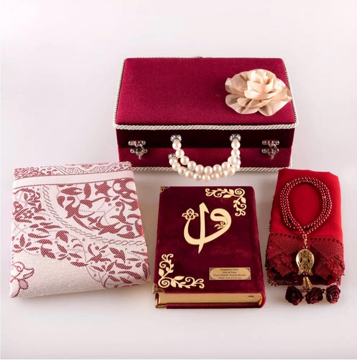 White Velvet Bridal Gift Set: Quran, Shawl, Prayer Mat, Beads - image 4