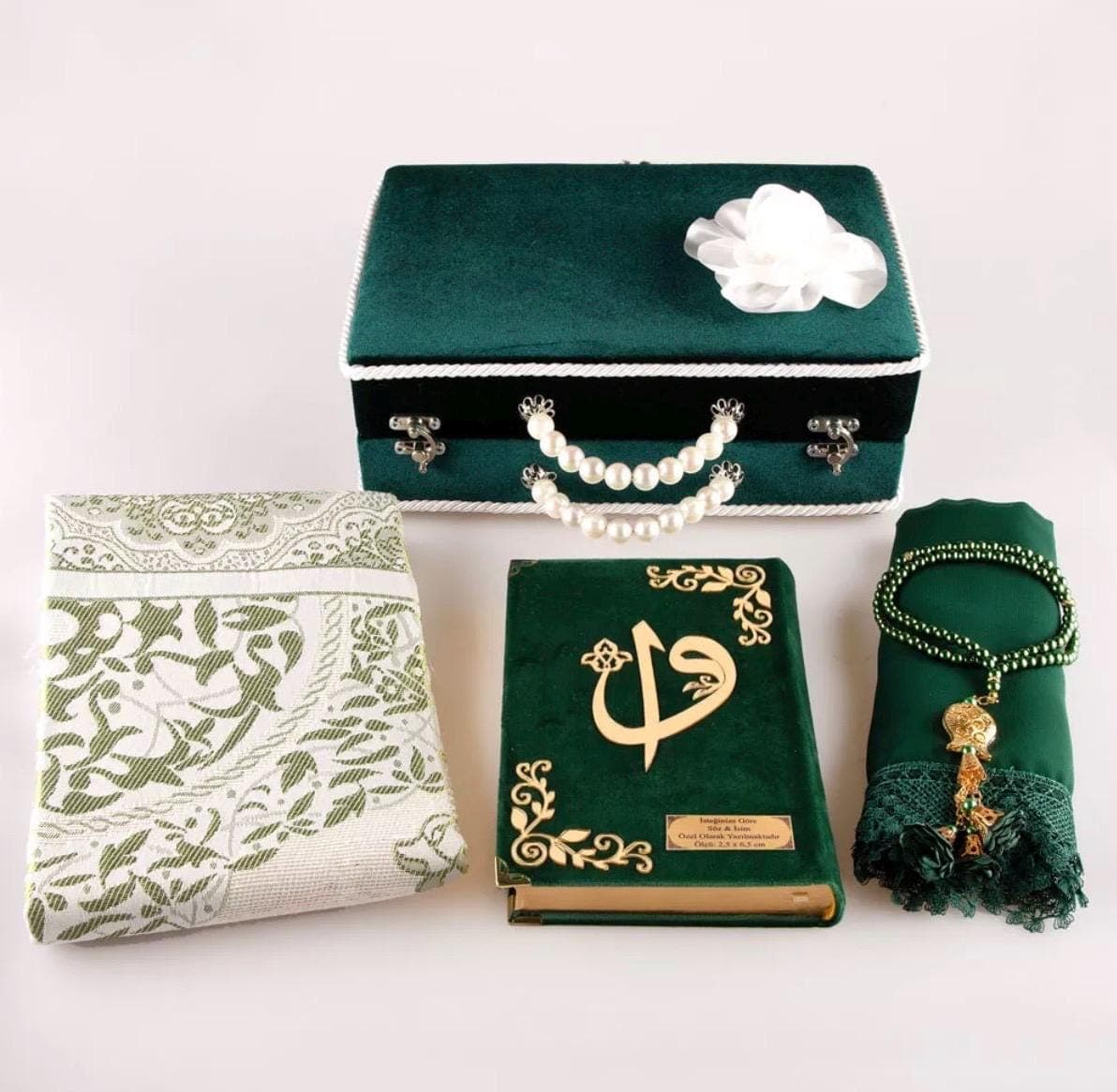Green Velvet Islamic Bridal Gift Set: Quran, Shawl, Prayer Mat, Beads