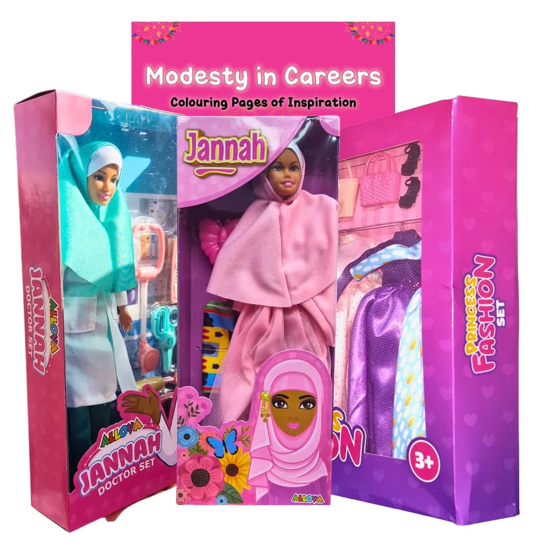Muslim Doll Playset Bundle: Fashion, Prayer, Doctor, Colouring Book - image 2