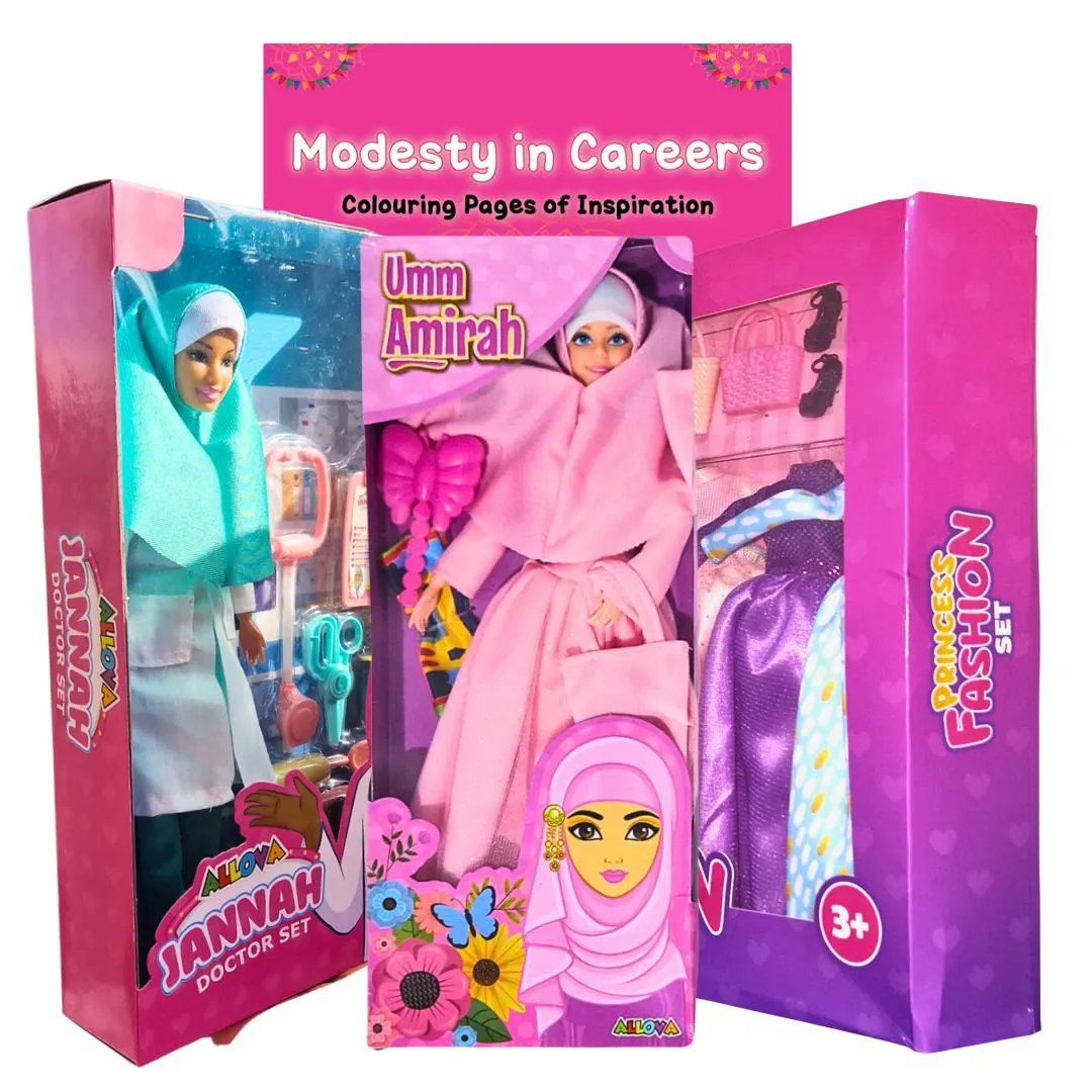 Muslim Doll Playset Bundle: Fashion, Prayer, Doctor, Colouring Book