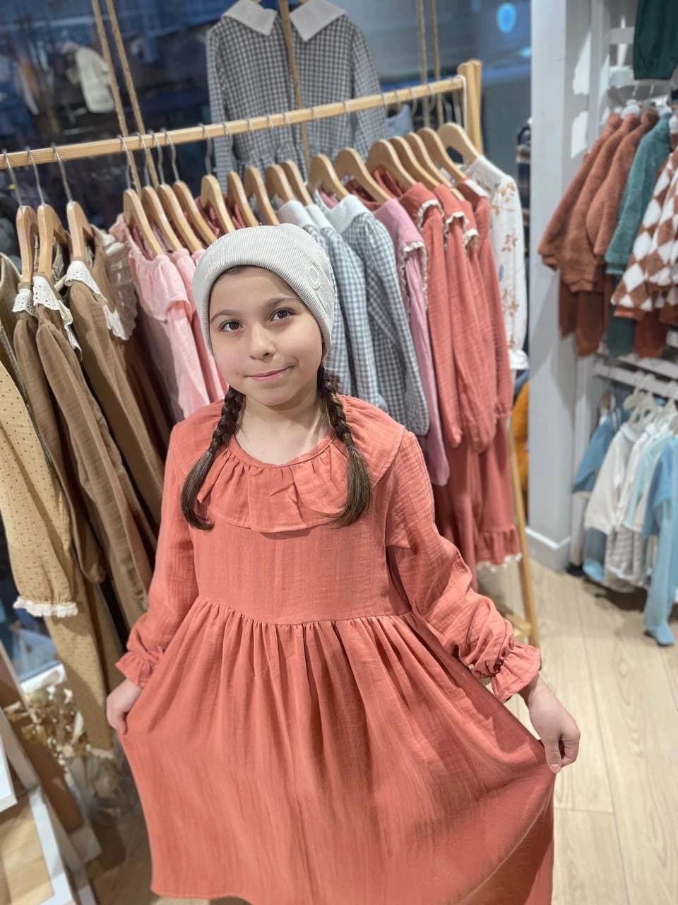 Girls' Organic Cotton Muslin Ruffle Dress - Brick Color Hijab Dress - image 3