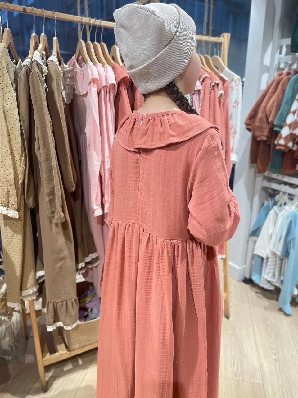 Girls' Organic Cotton Muslin Ruffle Dress - Brick Color Hijab Dress - image 5