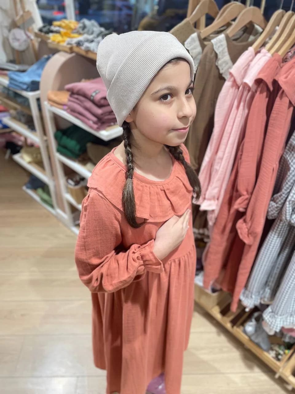 Girls' Organic Cotton Muslin Ruffle Dress - Brick Color Hijab Dress