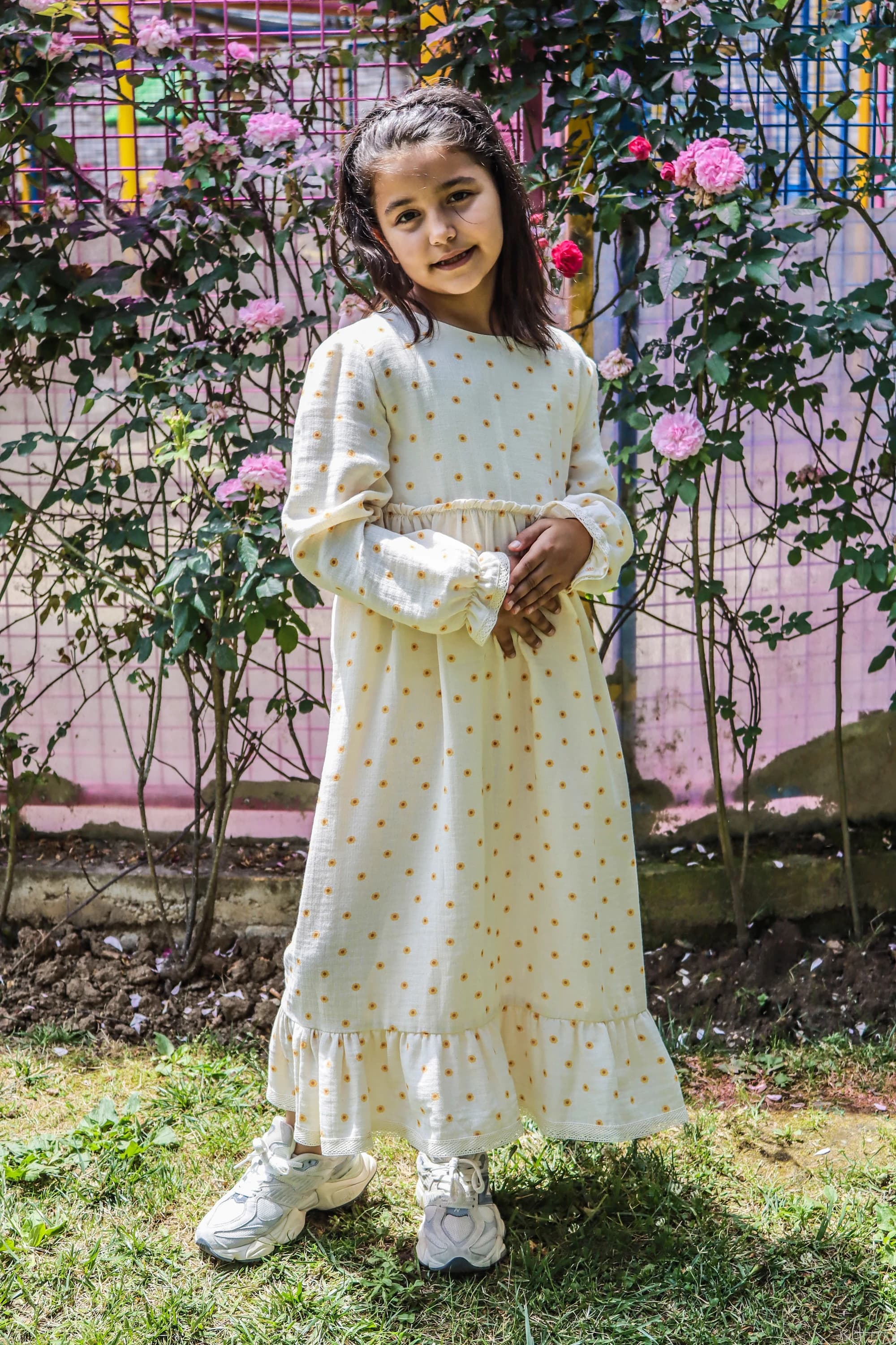 Sunflower Muslin Girl's Dress Full Length-Intermediate Size Options From 4-5 Years to 12-13 Years