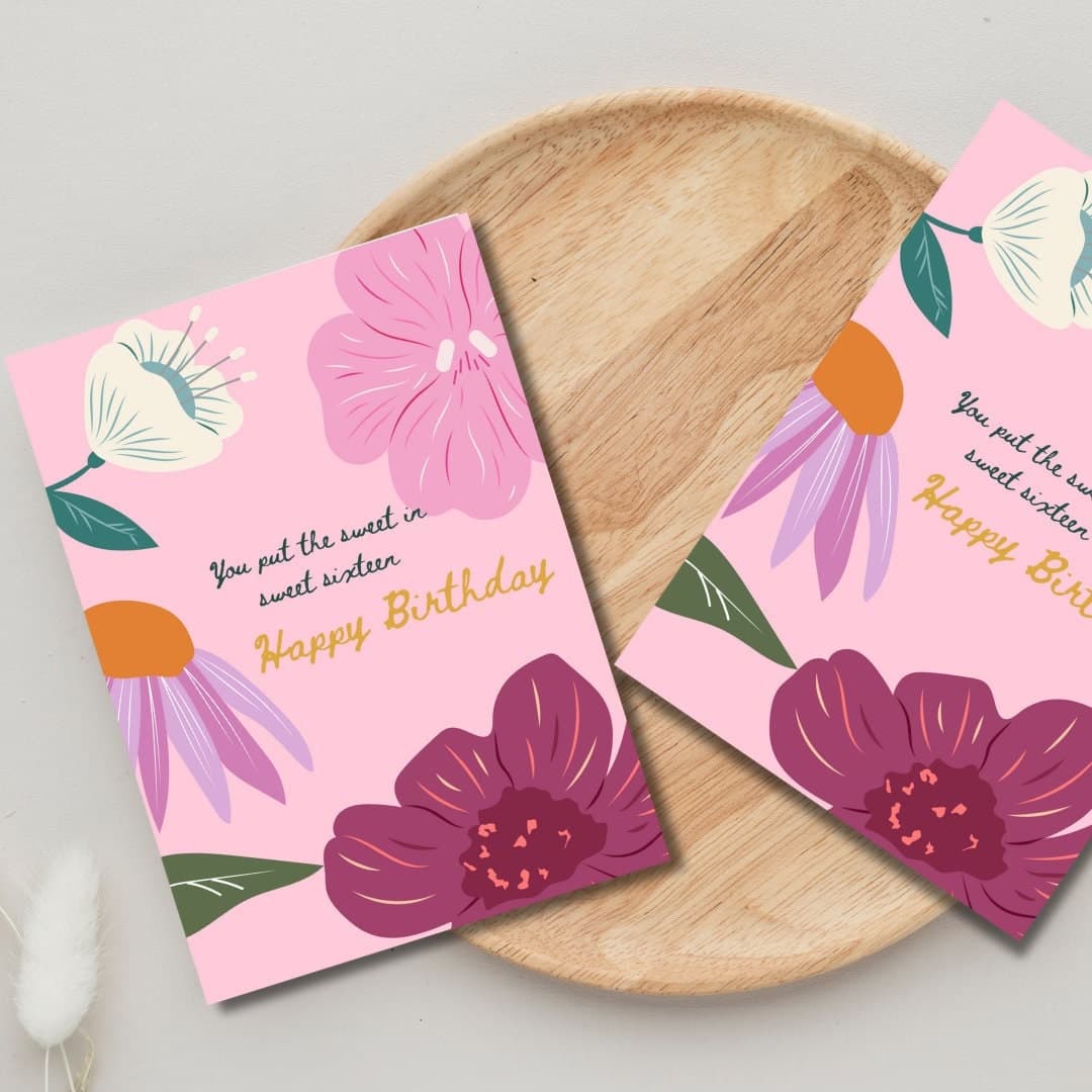 Floral Sweet 16 Birthday Card, Pink and Purple