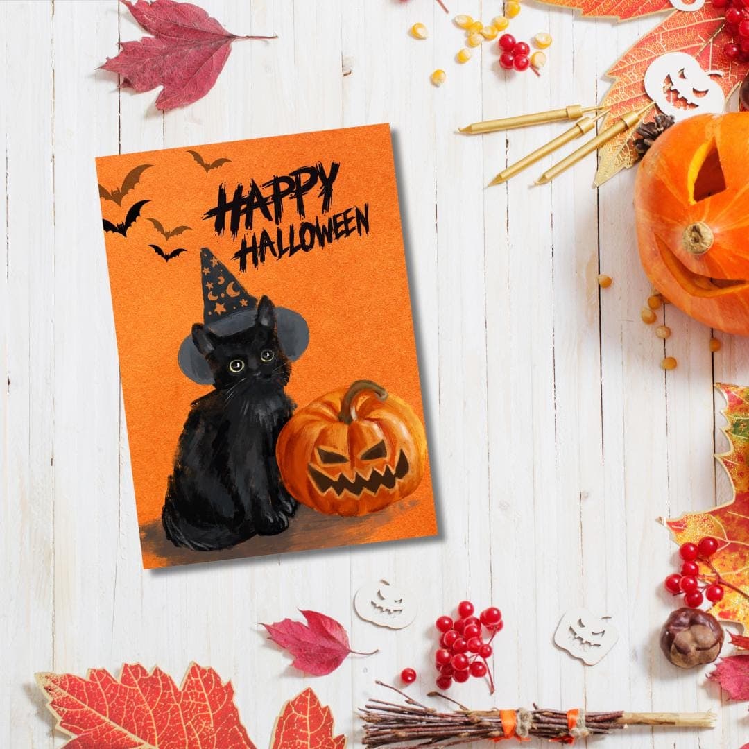 Happy Halloween Card, Black Cat & Pumpkin, Greeting Card