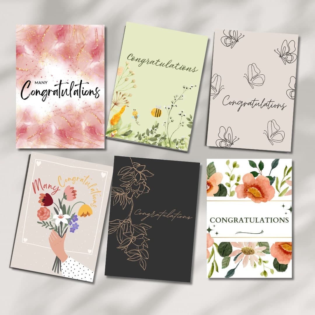 Congratulations Card Set: Blank Inside, Floral Designs (Set of Six)