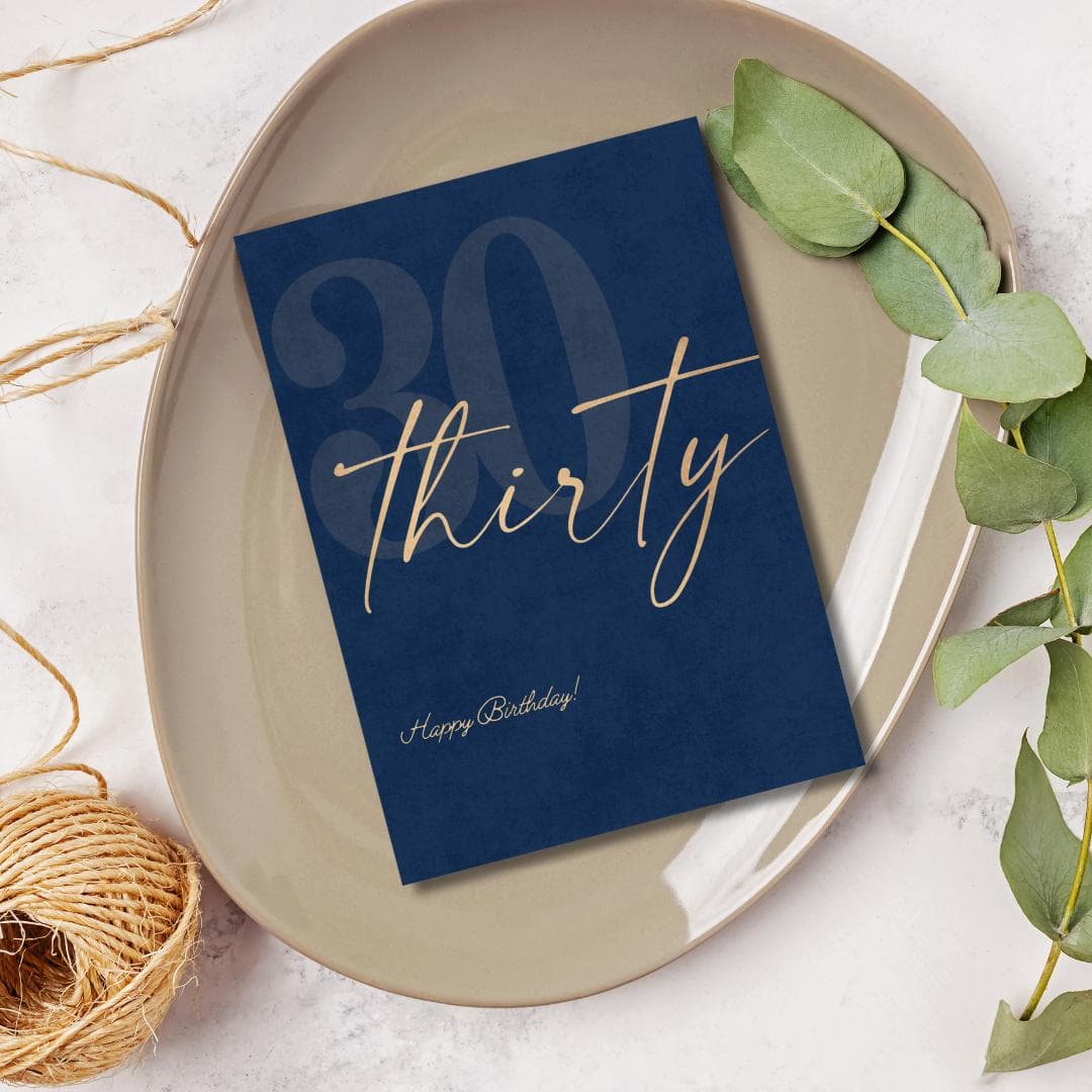30th Birthday Card, Navy & Gold, Personalized Greeting