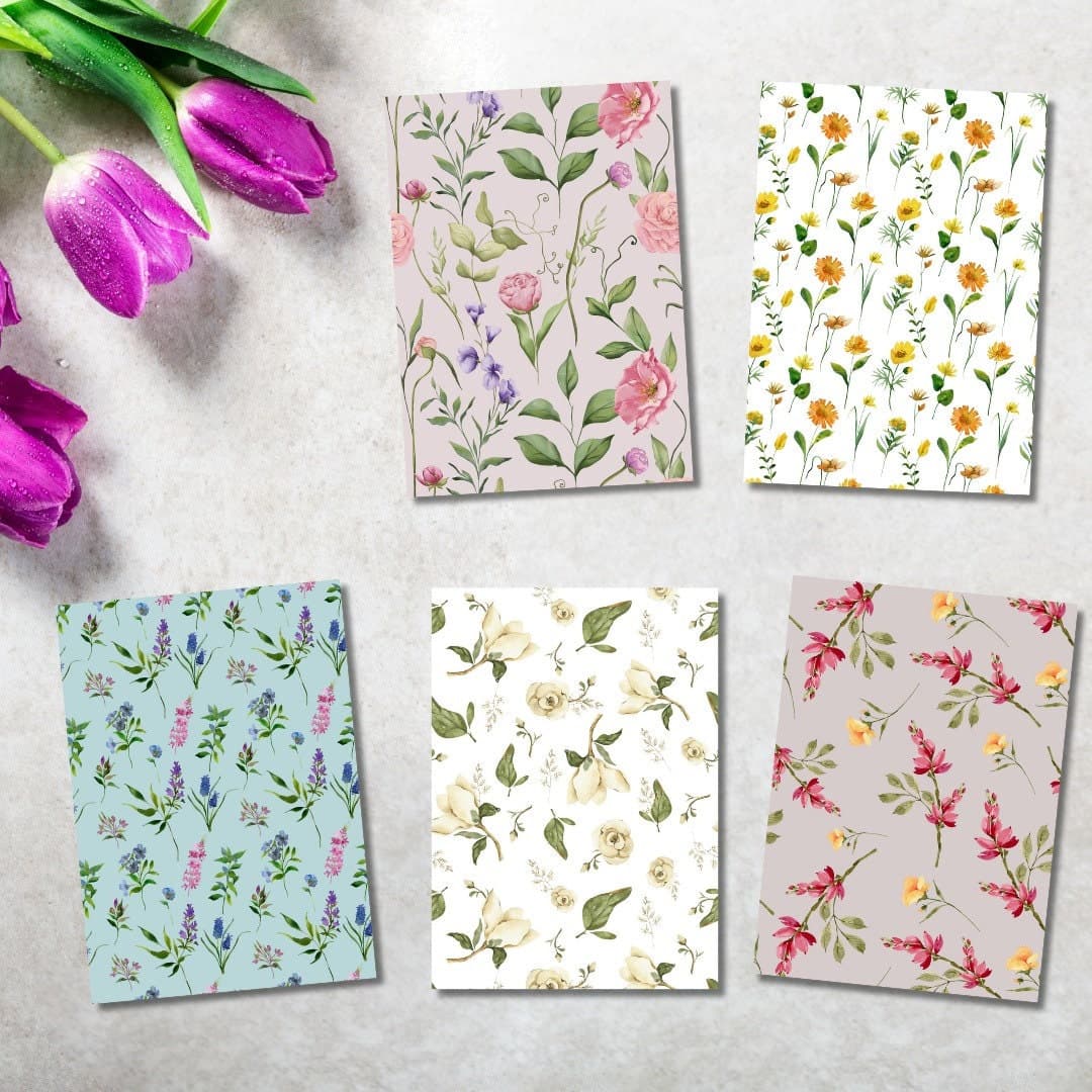 Floral Blank Cards, Set of Five, Flower Note Cards