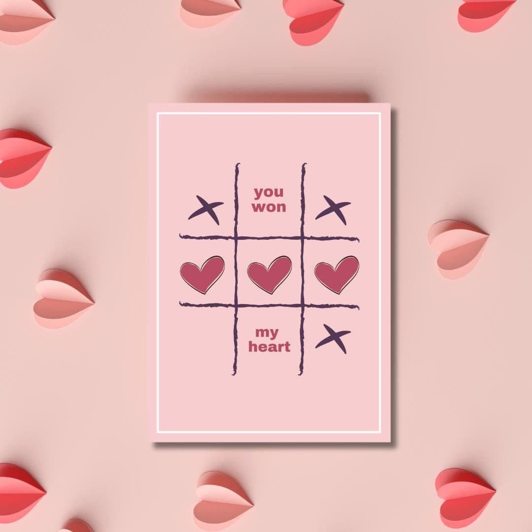 Happy Valentines Day Greeting Card,  Valentines Day , You Won My Heart Valentines Day Card, Tik Tac Toe Valentines Day Card