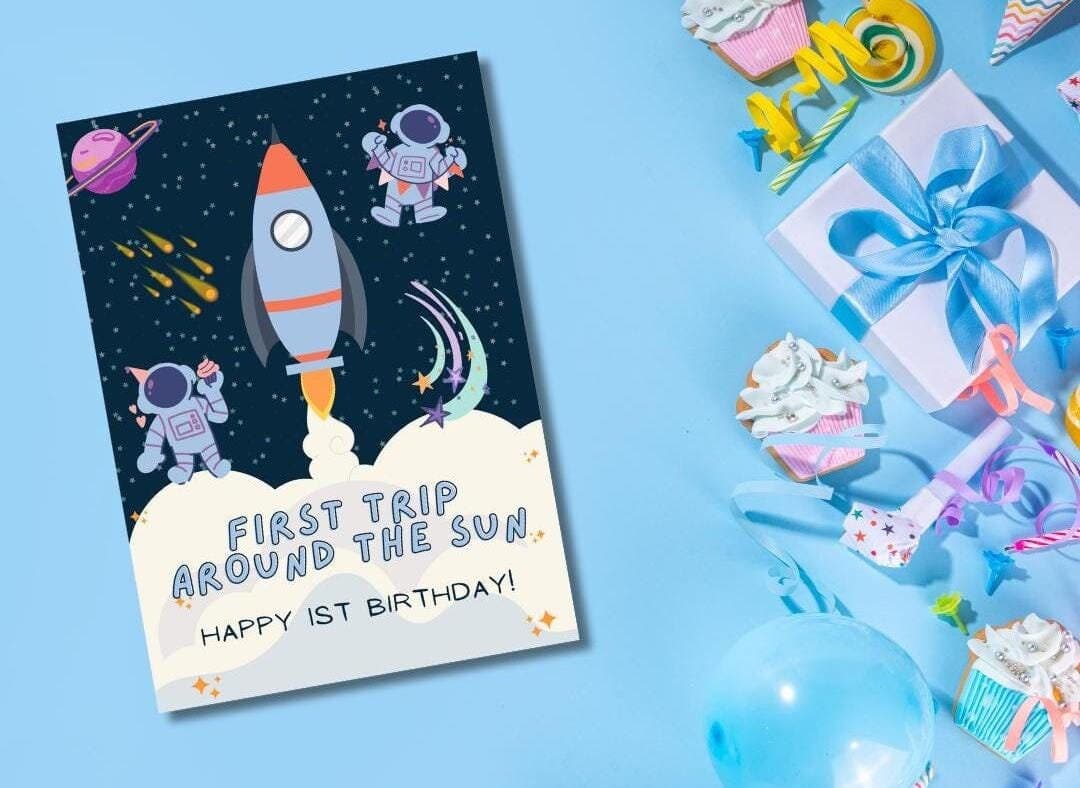 Space Theme First Birthday Card for Boy (4.25x6.25)