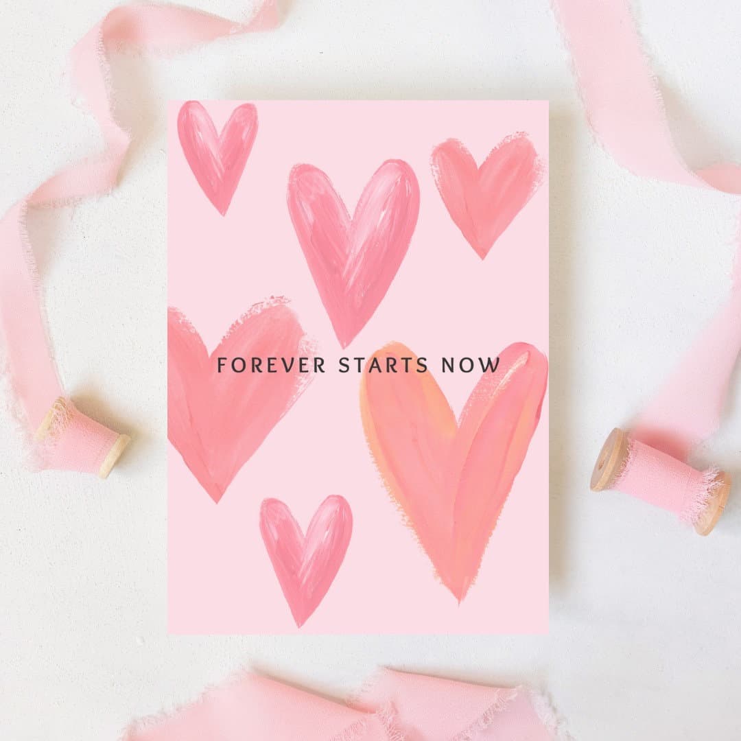 Hearts Wedding Card, Forever Starts Now, Pink Greeting Card