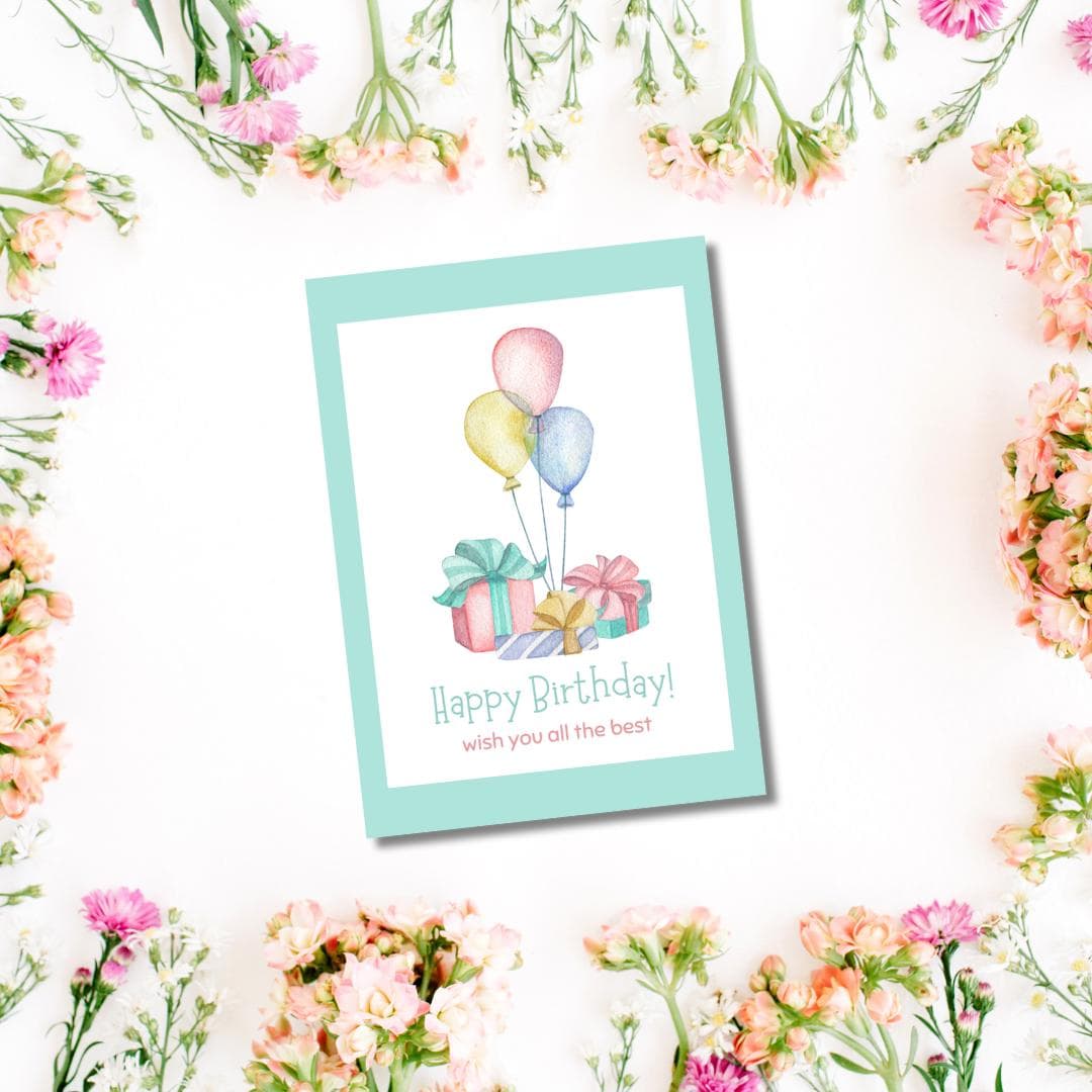 Balloon Birthday Card: Gifts and Balloons, Blank Inside