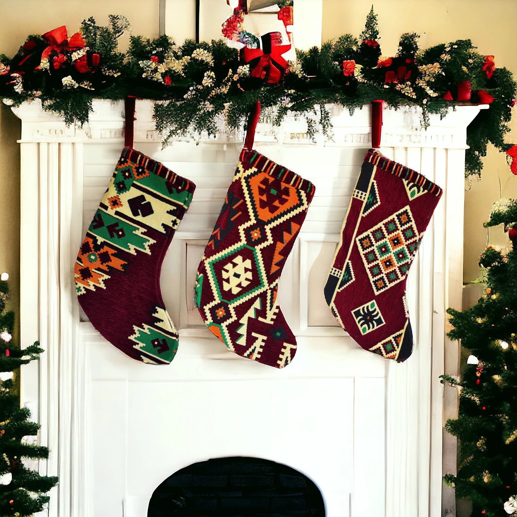 Turkish Kilim Christmas Stockings, Authentic Pattern Christmas Socks, Ethnic Touch of Christmas Decoration, Unique Christmas Ornament