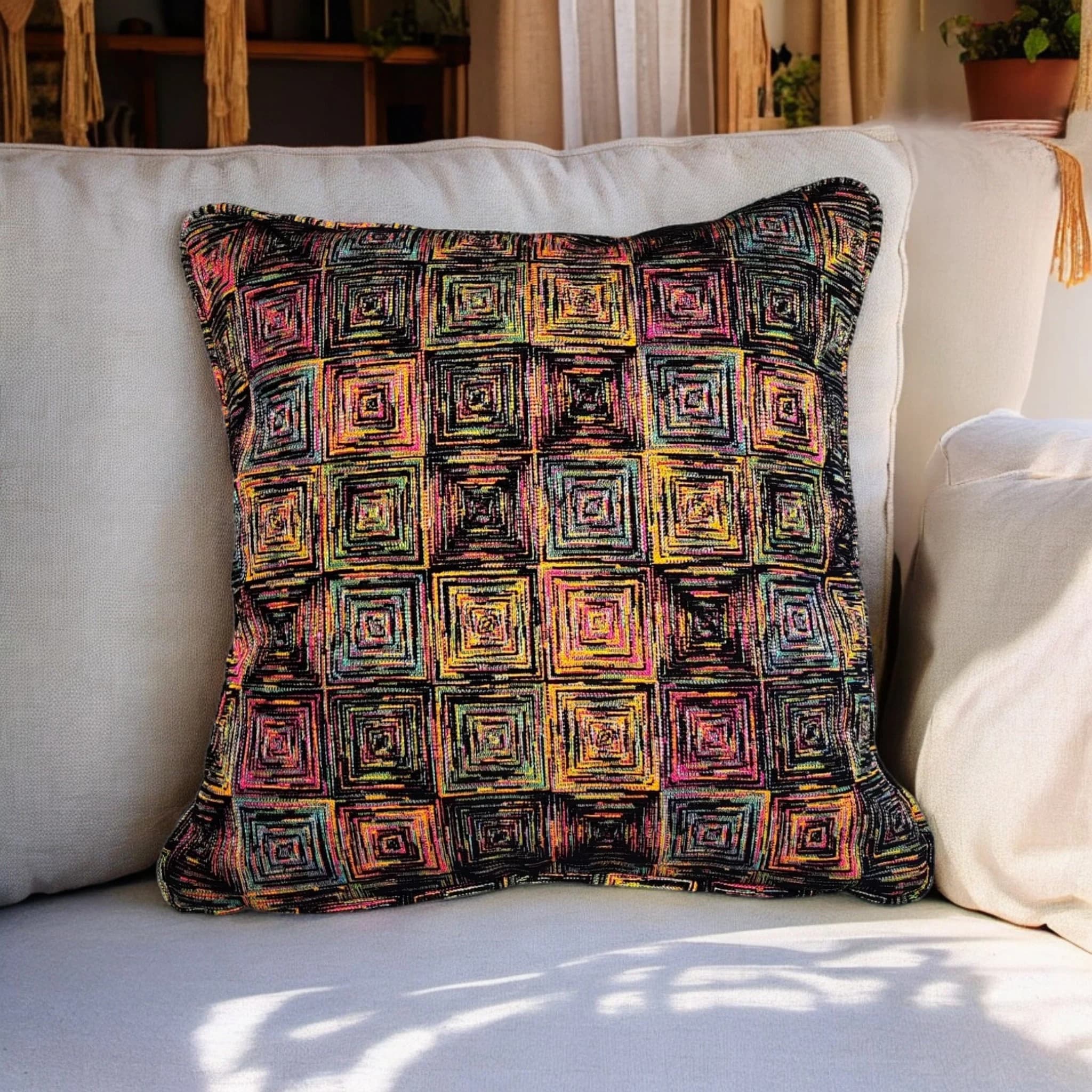 Colorful Square Pattern Pillow Cover, Neon-Colored Cushion Covers, Handcrafted Decorative Colorful Pillowcases