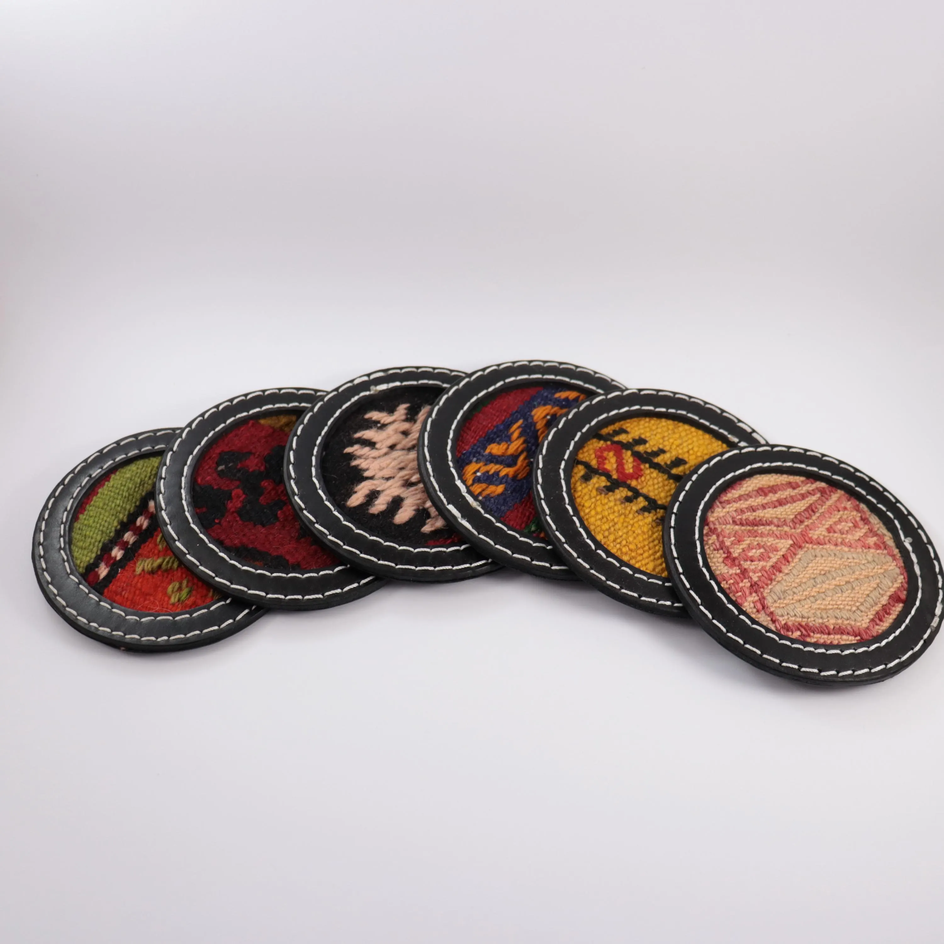 Handmade Leather Kilim Coasters, Authentic Turkish Design Coasters, Handcrafted Table Decoration, Beverage Coaster, Kilim Coffee Mat