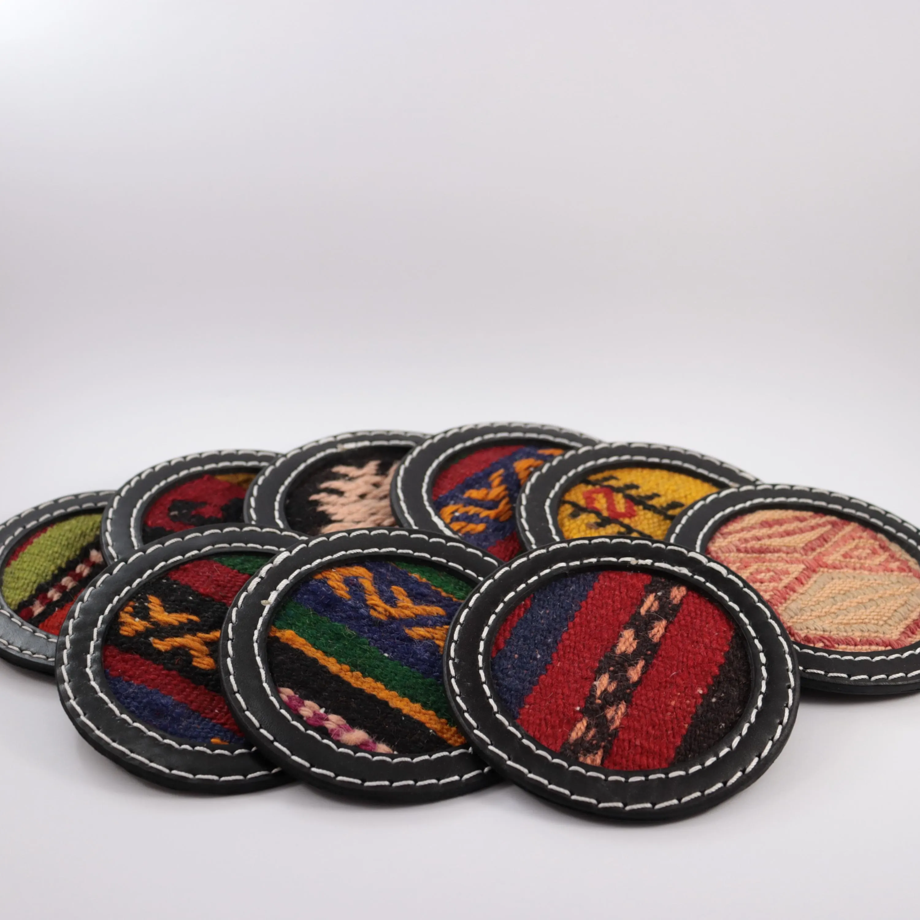 Handmade Leather Kilim Coasters, Authentic Turkish Design Coasters, Handcrafted Table Decoration, Beverage Coaster, Kilim Coffee Mat - image 3