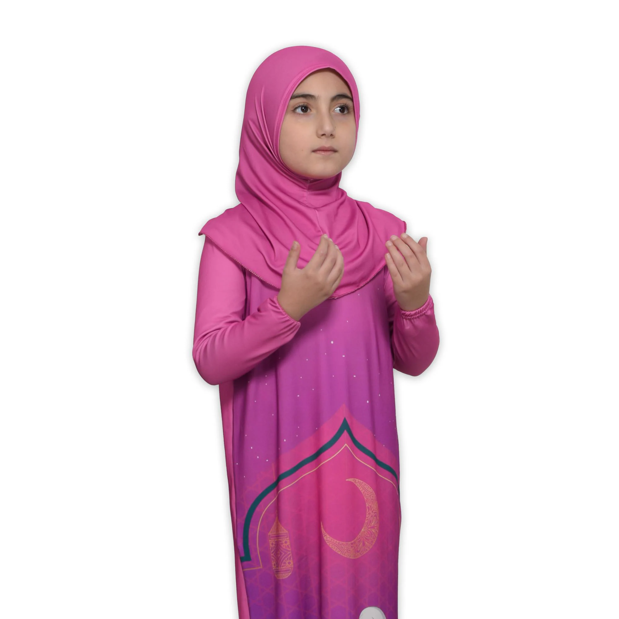 Girls Islamic Prayer Dress, Kids Abaya Set with Moon and Stars Print, 2 Piece Childrens Mukena, Modest Salah Outfit, Ramadan Gift for Girls