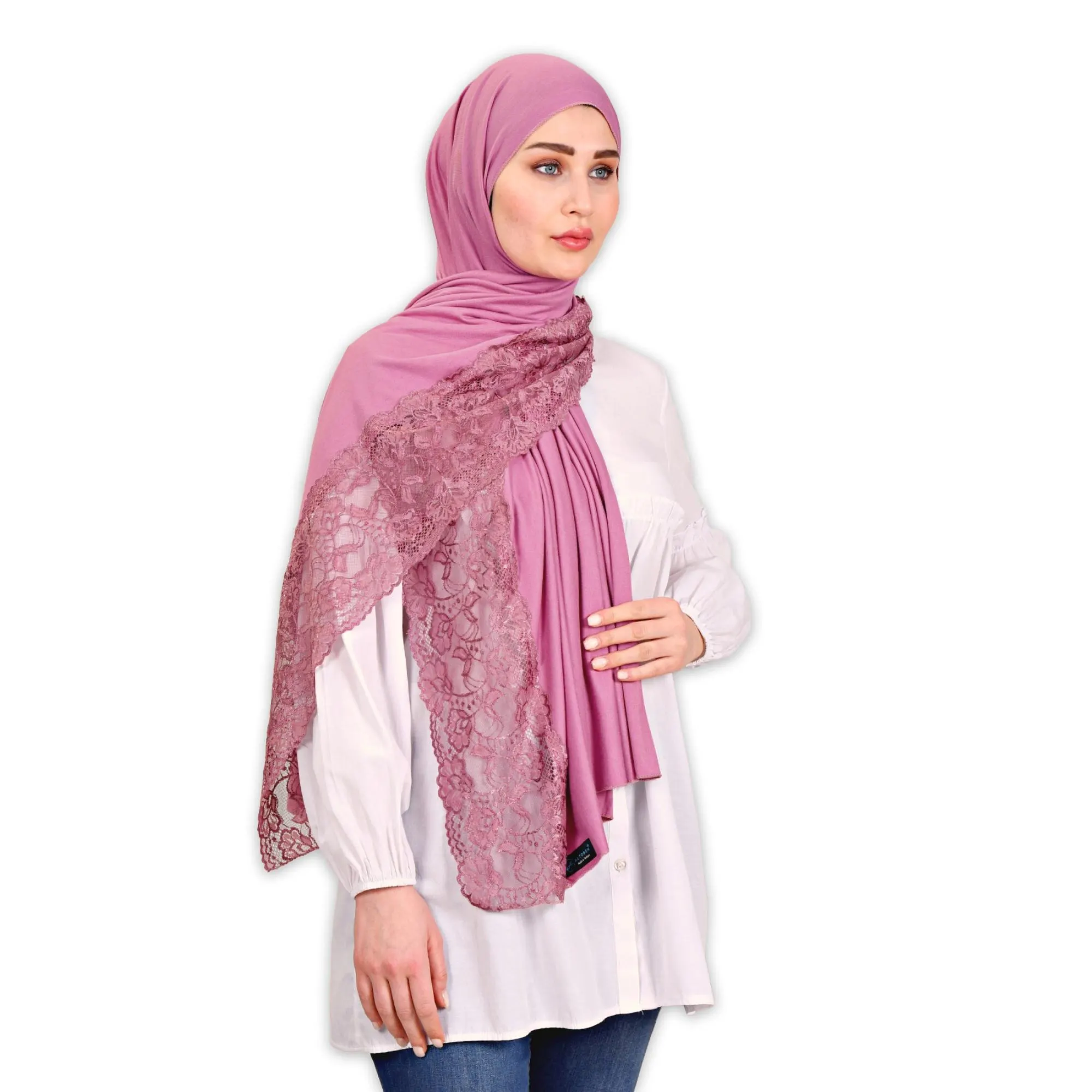 Lace-Embellished Cotton Viscose Hijab Shawl: Elegant Modesty Scarf