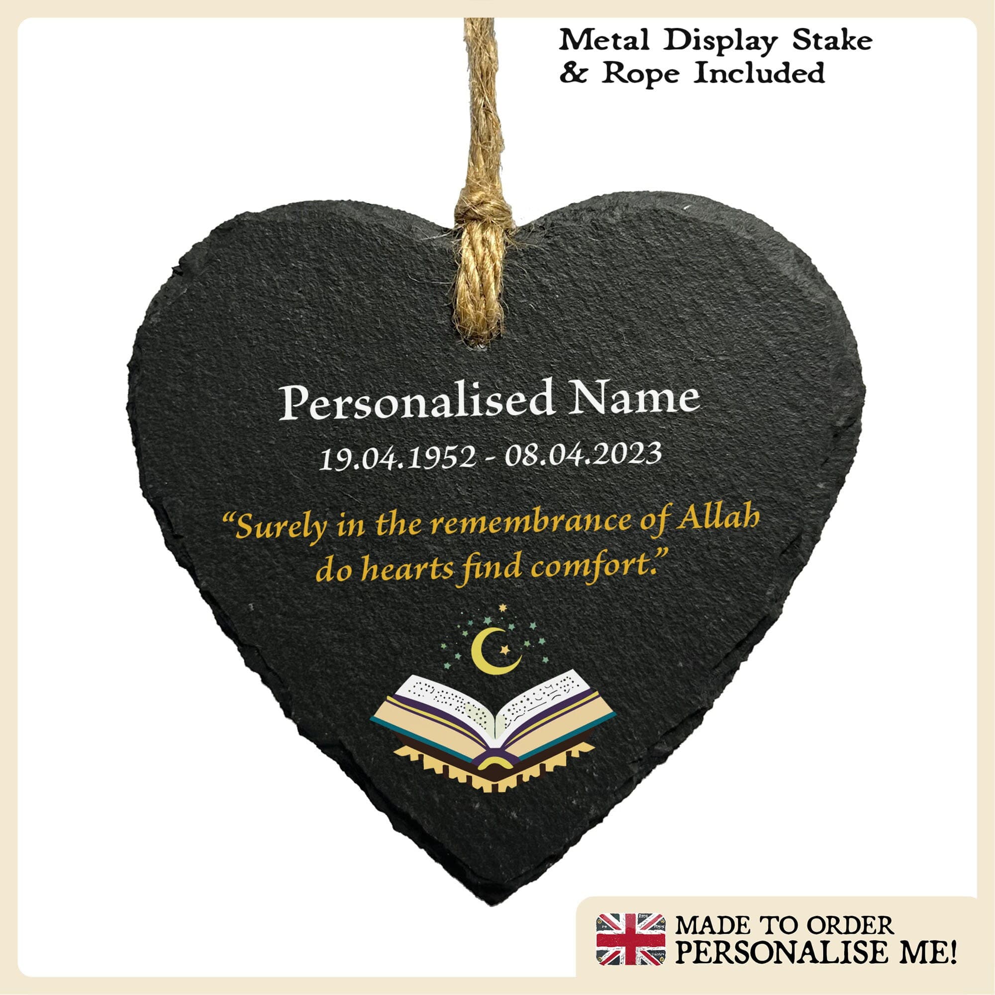 Personalized Muslim Memorial Slate Marker: Quran & Crescent Moon Garden Stake - image 4