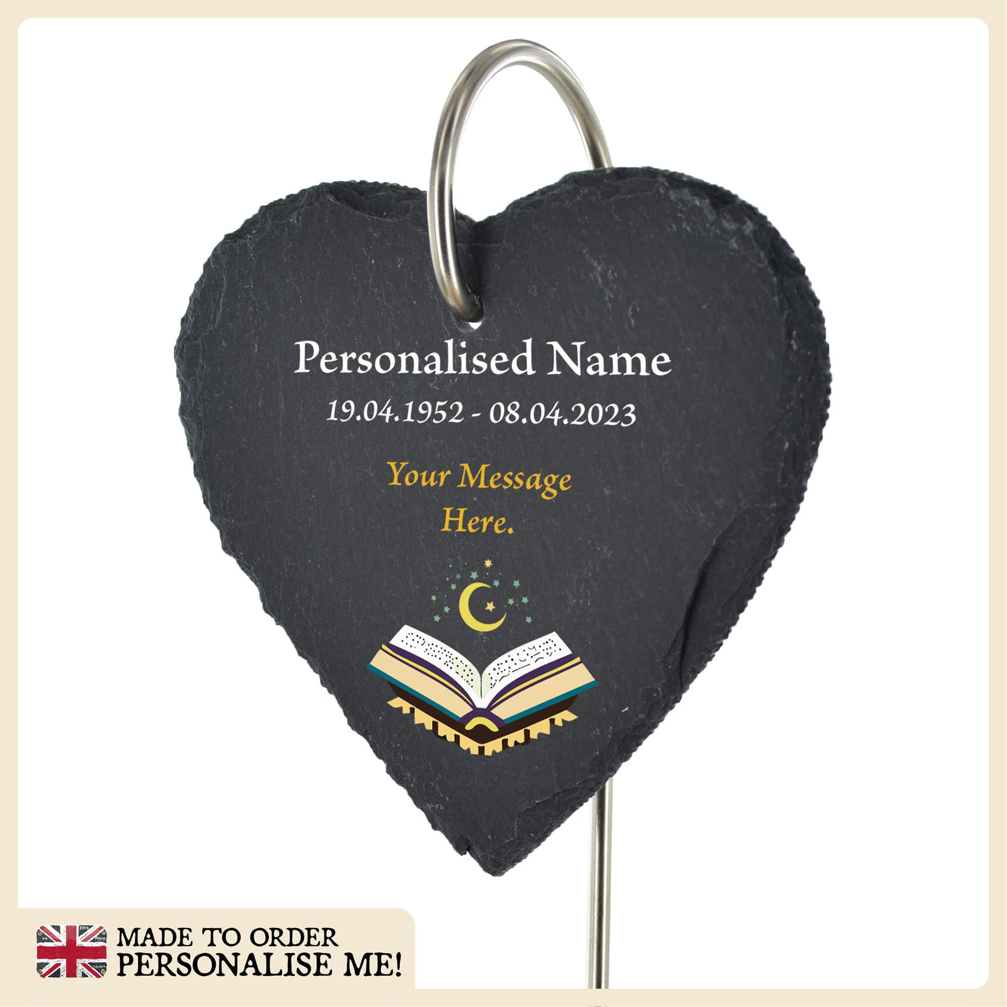 Personalized Muslim Memorial Slate Marker: Quran & Crescent Moon Garden Stake