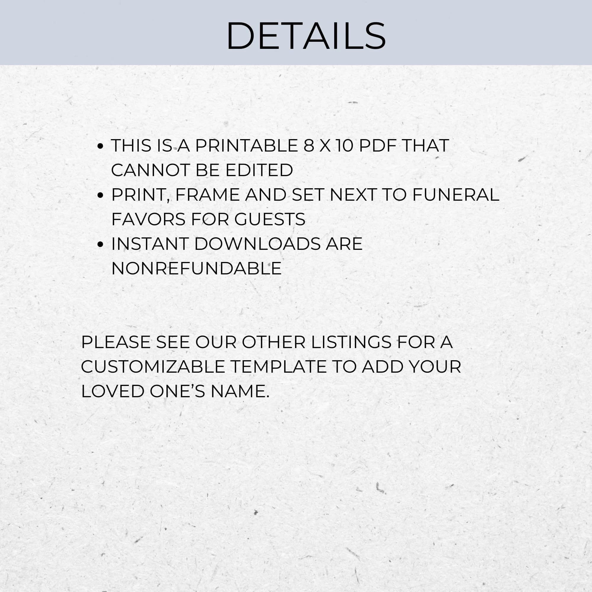 Funeral Favor Sign, Bird Seed Packet Token Gift Poster, Memorial Service Keepsake, Celebration of Life Guest Gift PDF, Bereavement Present - image 5