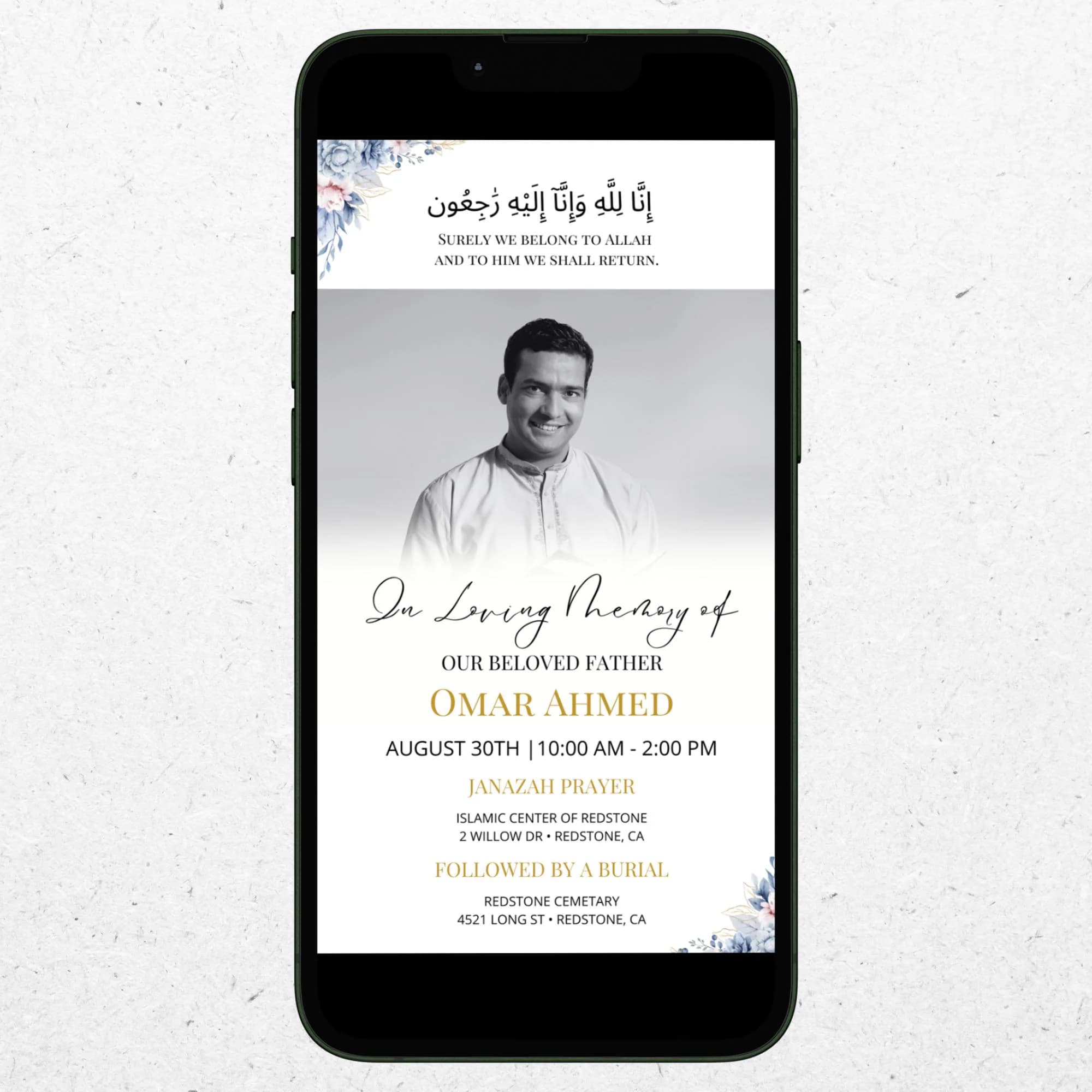 Muslim Funeral Invite, Janazah Invitation for Men, Islamic Digital Memorial Announcement, Editable Minimal Electronic Funeral Evite ID284 - image 3