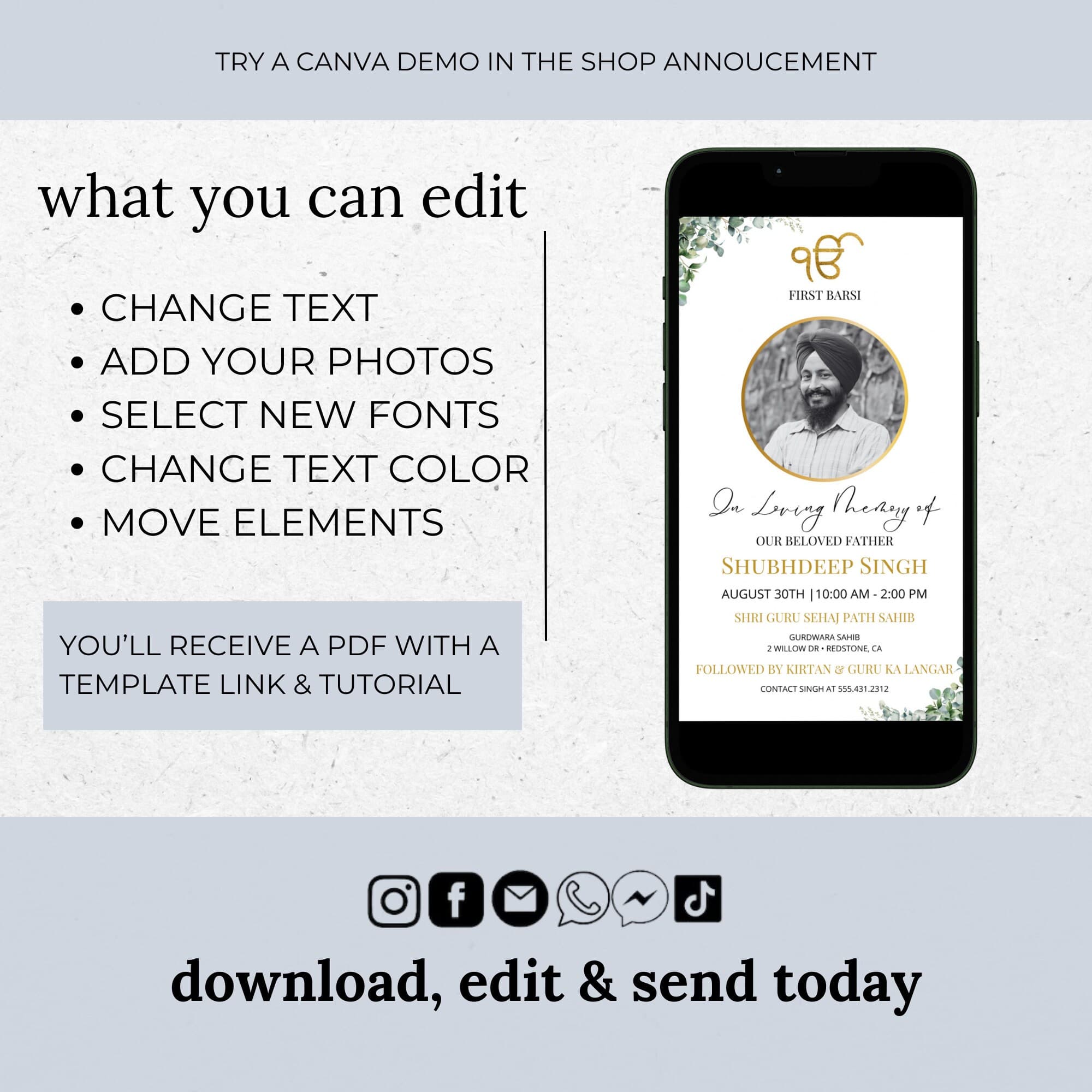 Sikh Funeral Invite, Men First Barsi Invitation, Editable Digital Memorial Announcement, Minimal Electronic Funeral Evite Punjabi ID71 - image 3