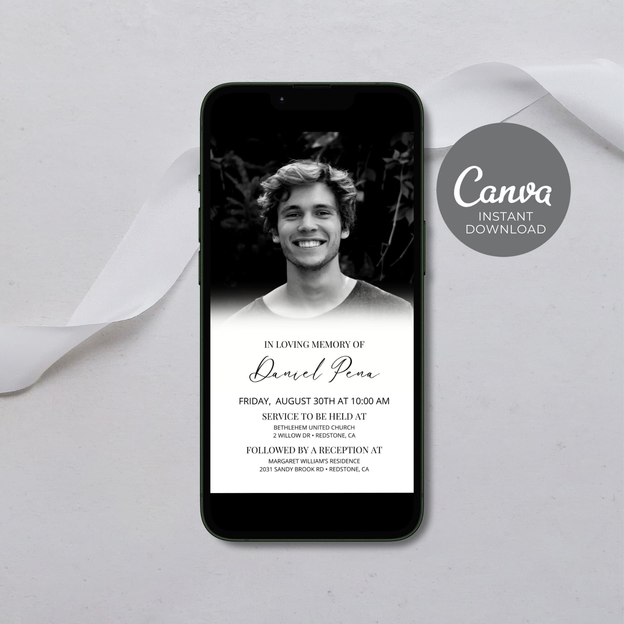 Electronic Funeral Announcement, Men Editable Memorial Evite, Digital Obituary Phone Invite, Celebration of Life Instagram Invitation ID40 - image 5