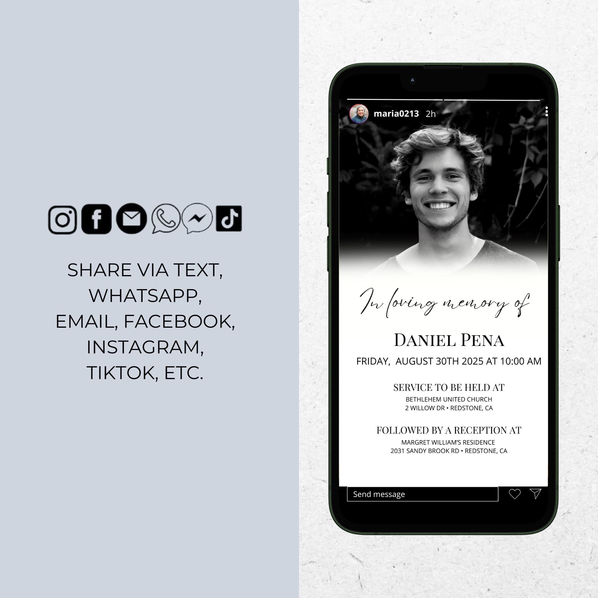 Digital Funeral Invitation, Minimal Electronic Memorial Evite for Man, Text Message Celebration of Life, Elegant Editable Phone Invite, ID47 - image 3