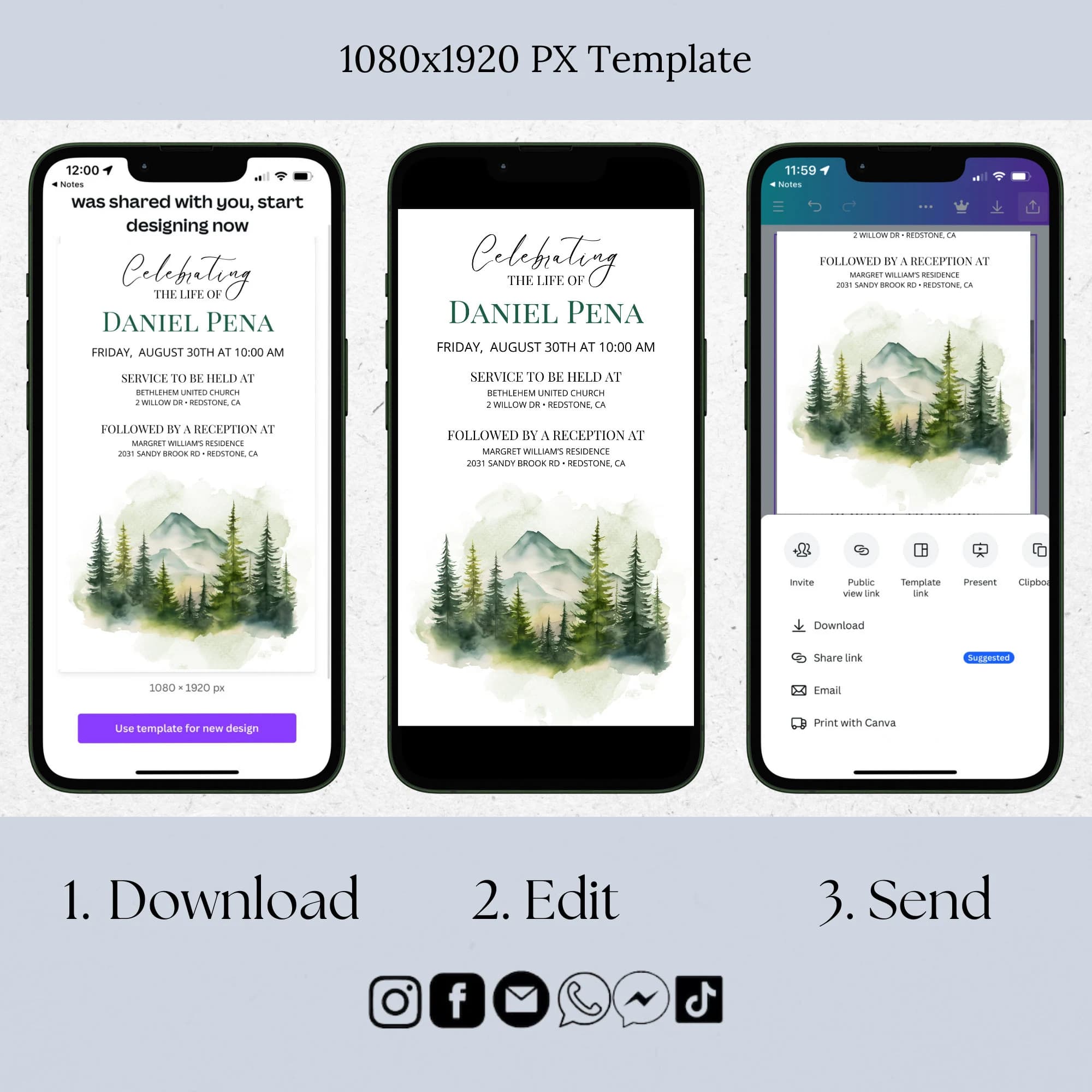 Digital Funeral Announcement, Mountain Celebration Of Life Template, Hiking Editable Electronic Memorial Evite, Phone Invitation Men ID52 - image 5