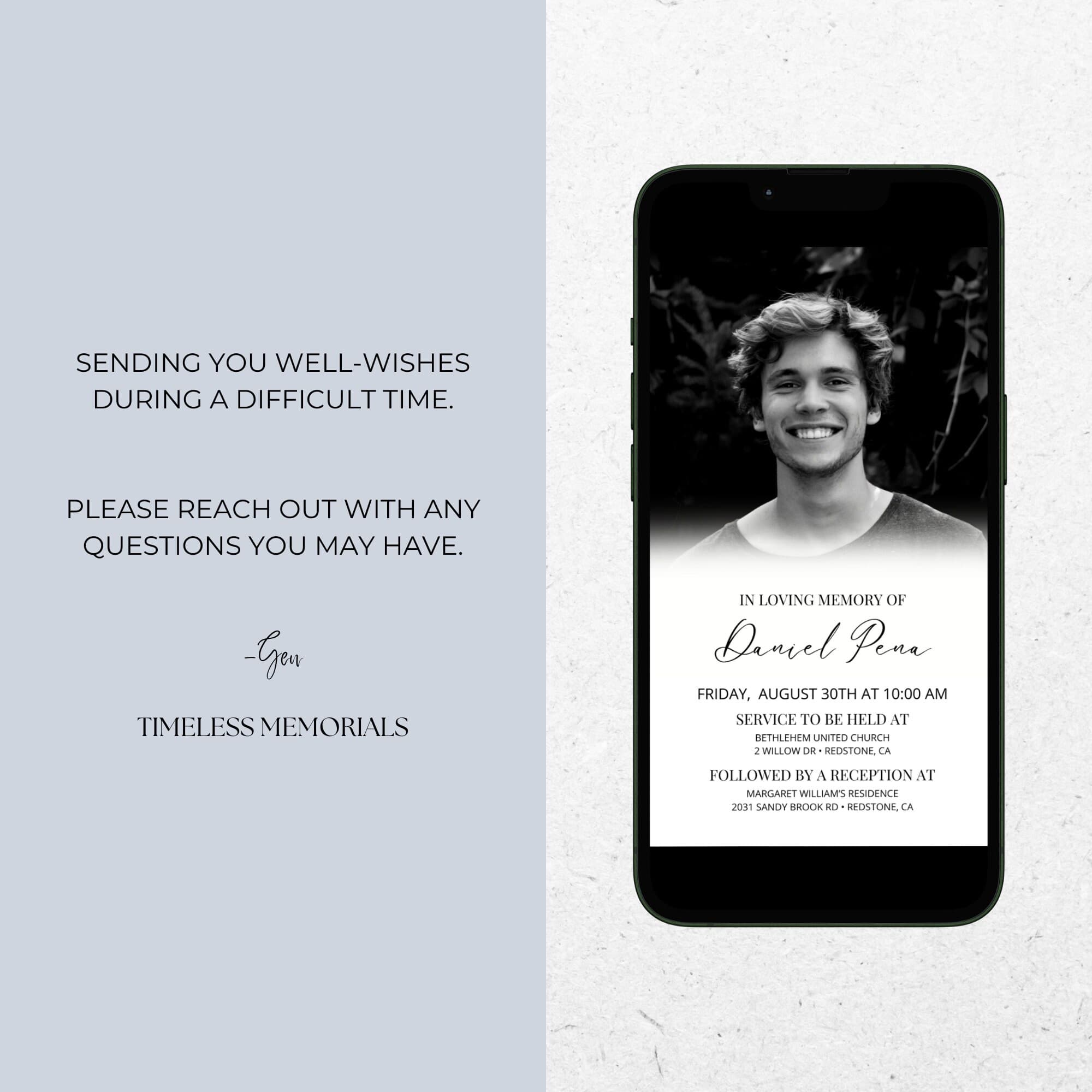 Electronic Funeral Announcement, Men Editable Memorial Evite, Digital Obituary Phone Invite, Celebration of Life Instagram Invitation ID40 - image 3