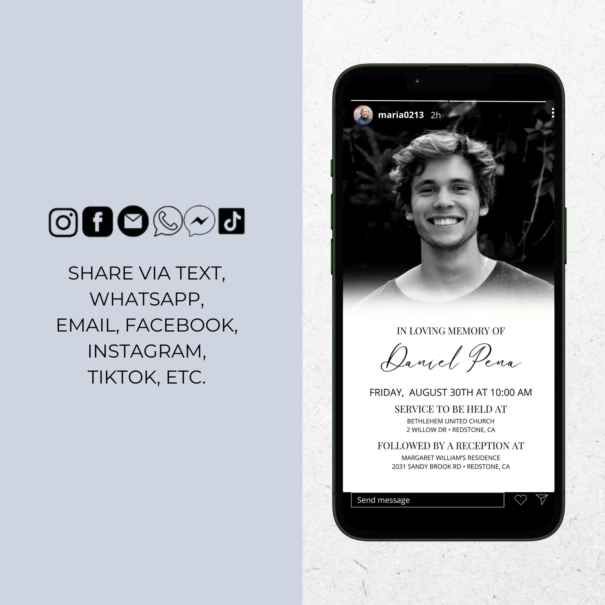 Electronic Funeral Announcement, Men Editable Memorial Evite, Digital Obituary Phone Invite, Celebration of Life Instagram Invitation ID40 - image 2