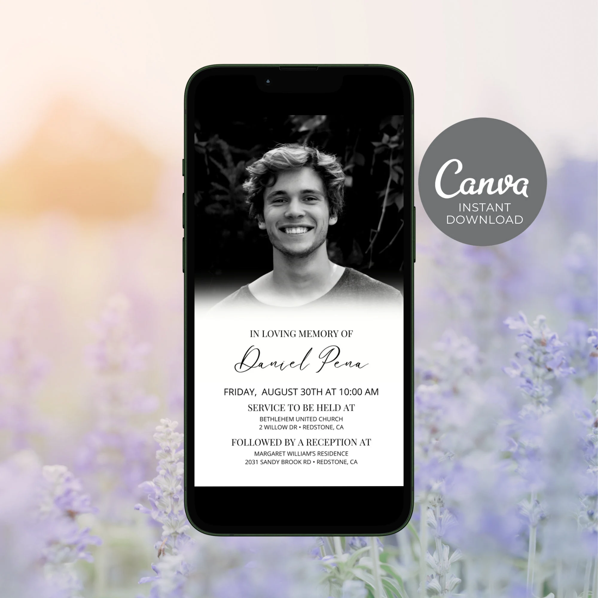 Electronic Funeral Announcement, Men Editable Memorial Evite, Digital Obituary Phone Invite, Celebration of Life Instagram Invitation ID40 - image 4