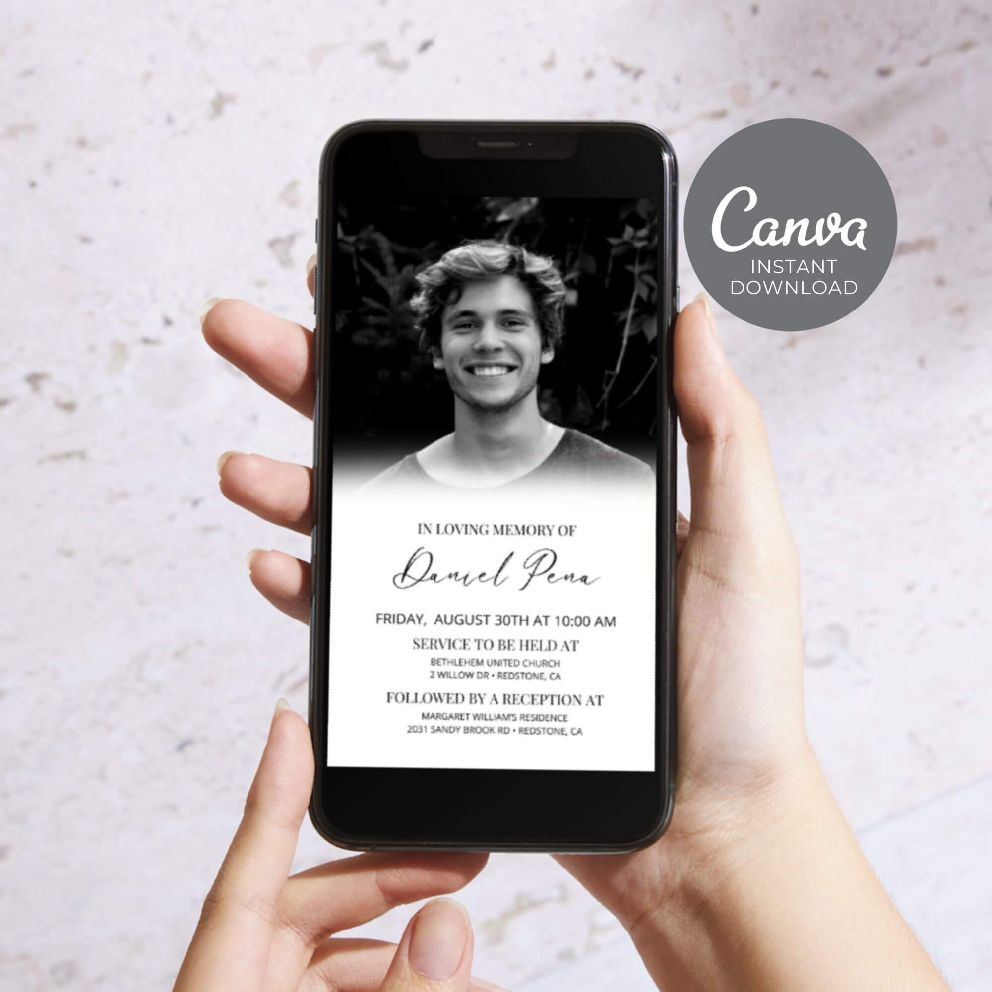 Electronic Funeral Announcement, Men Editable Memorial Evite, Digital Obituary Phone Invite, Celebration of Life Instagram Invitation ID40