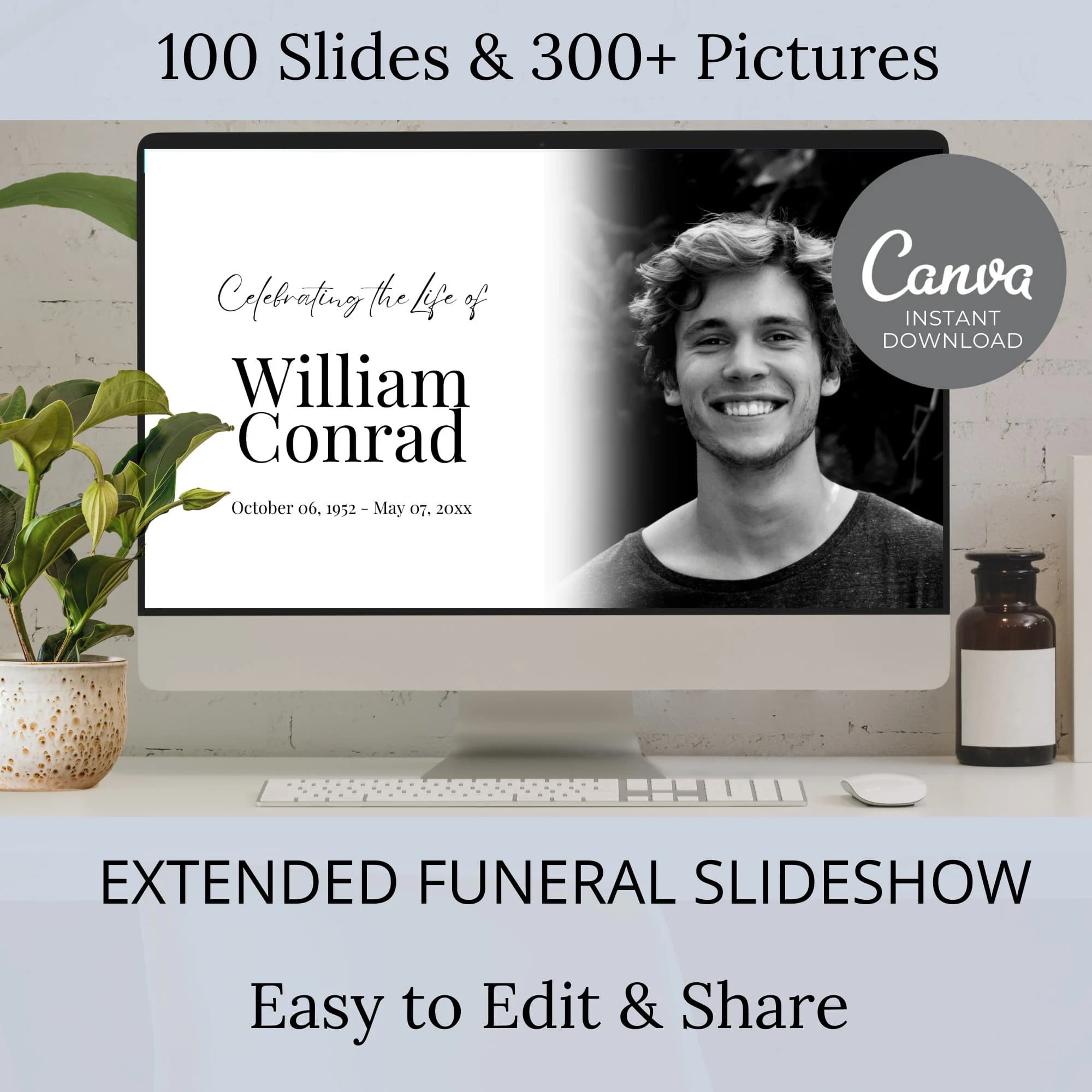 Funeral Slideshow Template, Long Celebration of Life PowerPoint Slide Deck, Minimalist Memorial Video, Tribute Photo Template Man ID19