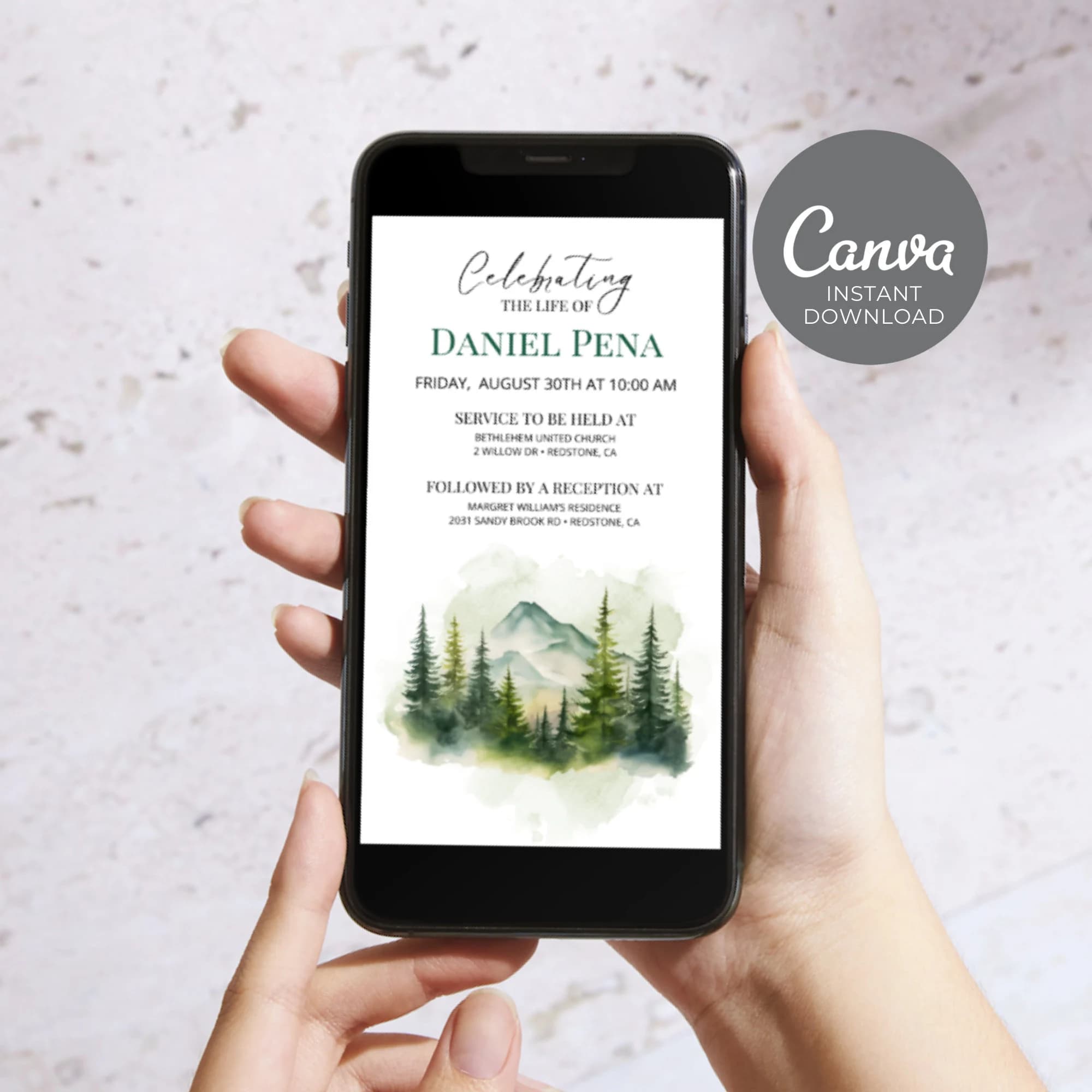Digital Funeral Announcement, Mountain Celebration Of Life Template, Hiking Editable Electronic Memorial Evite, Phone Invitation Men ID52