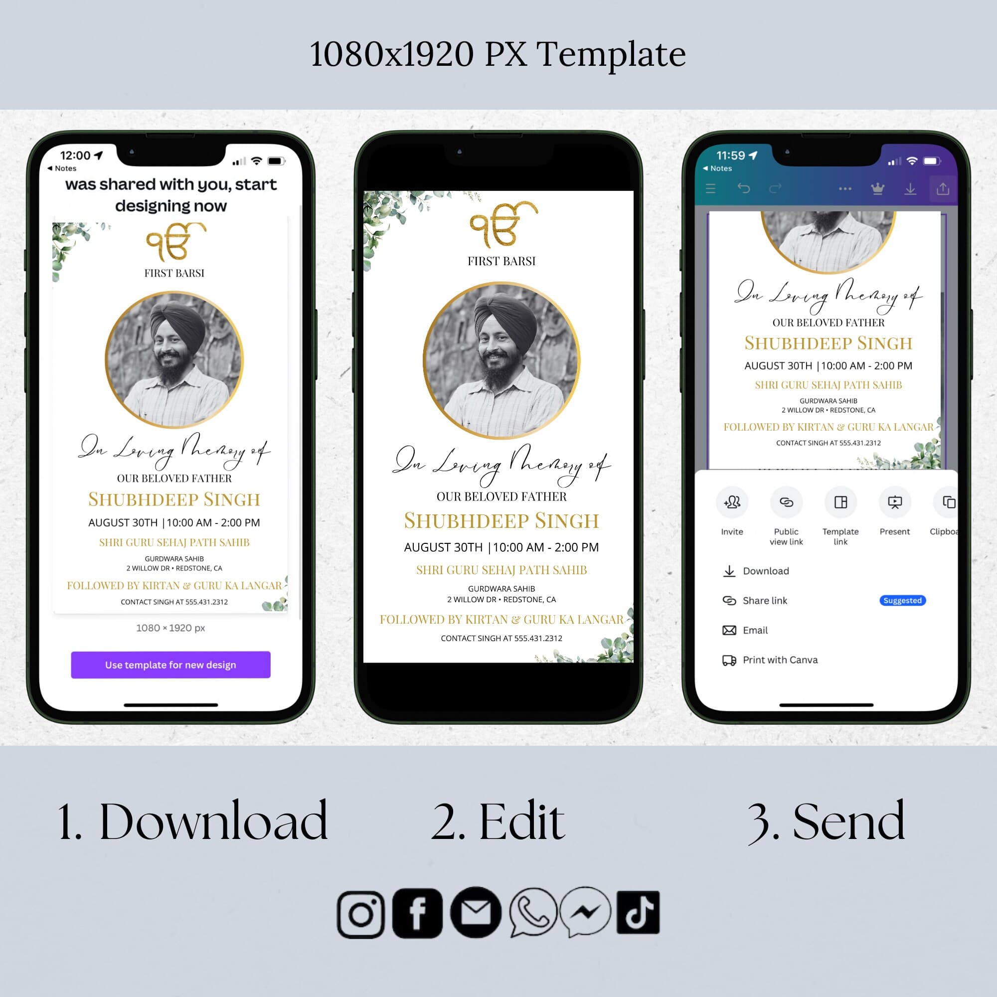 Sikh Funeral Invite, Men First Barsi Invitation, Editable Digital Memorial Announcement, Minimal Electronic Funeral Evite Punjabi ID71 - image 4