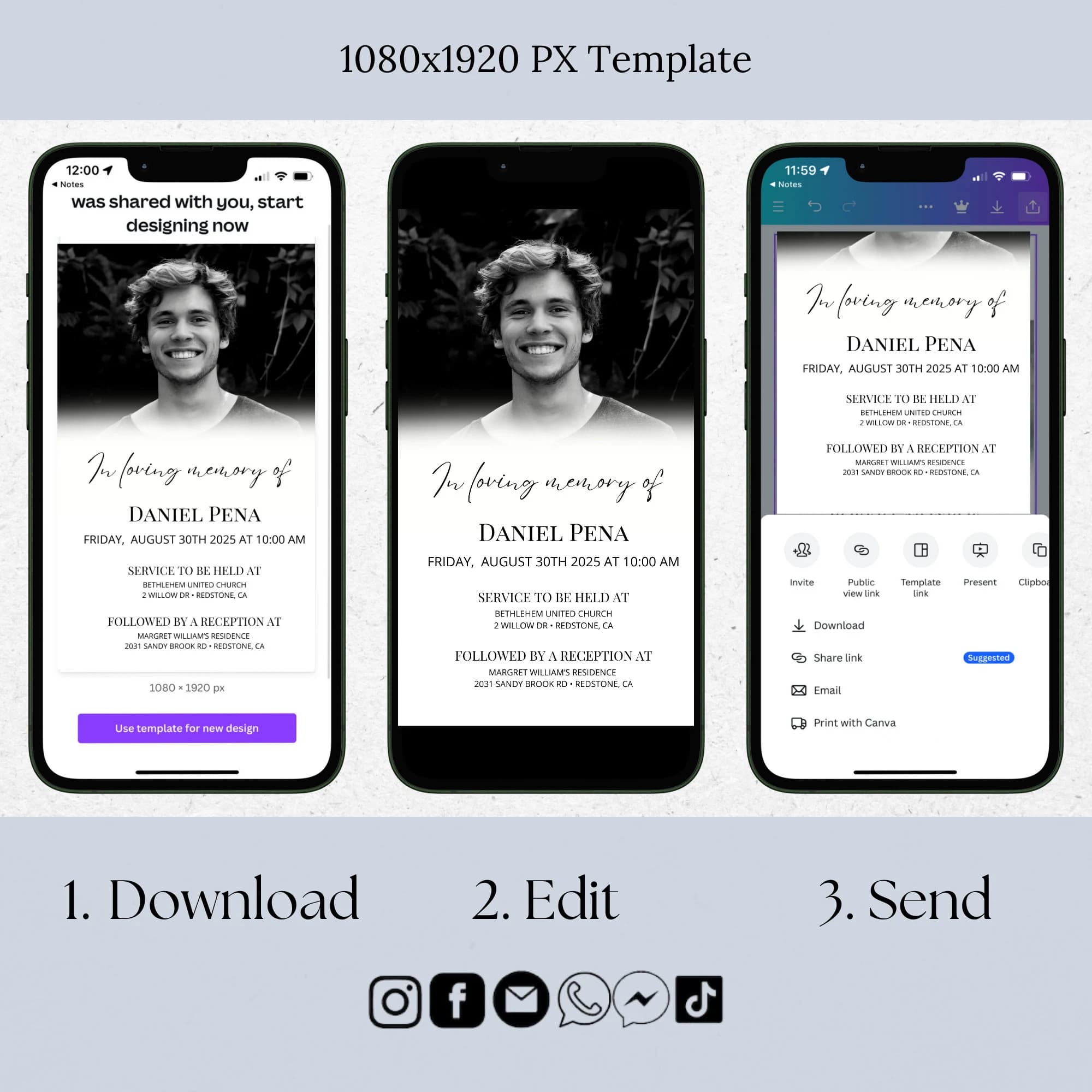 Digital Funeral Invitation, Minimal Electronic Memorial Evite for Man, Text Message Celebration of Life, Elegant Editable Phone Invite, ID47 - image 2
