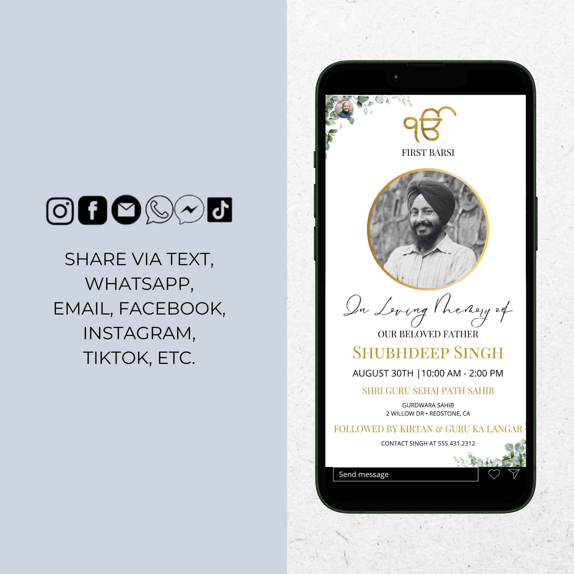 Sikh Funeral Invite, Men First Barsi Invitation, Editable Digital Memorial Announcement, Minimal Electronic Funeral Evite Punjabi ID71 - image 5