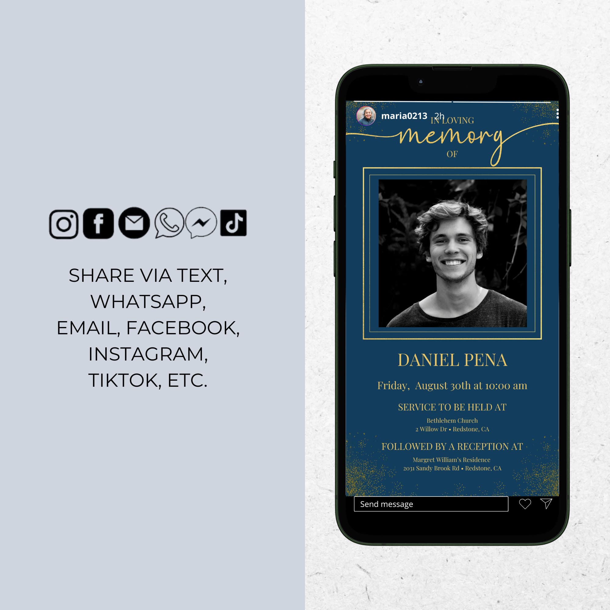 Blue Funeral Announcement, Electronic Celebration Of Life Template, Man Editable Electronic Memorial Evite, Obituary Phone Invitation ID72 - image 5