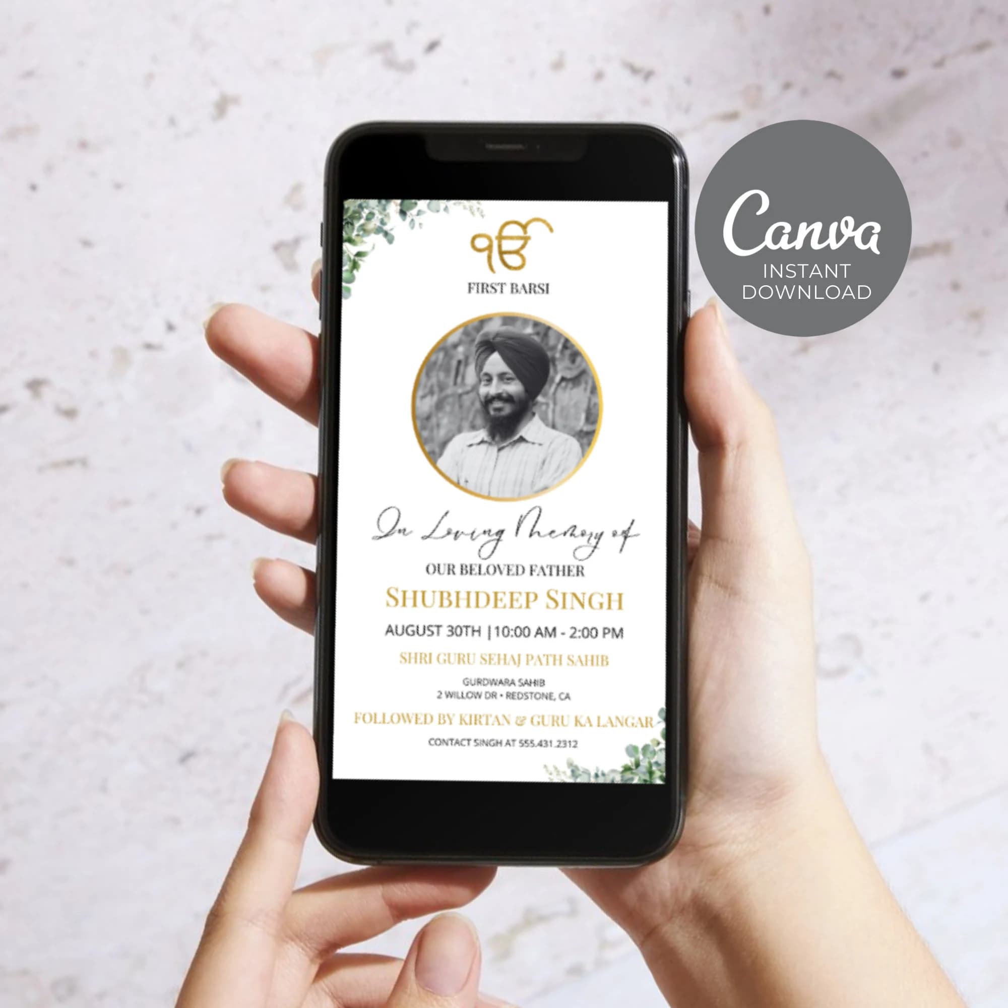 Sikh Funeral Invite, Men First Barsi Invitation, Editable Digital Memorial Announcement, Minimal Electronic Funeral Evite Punjabi
