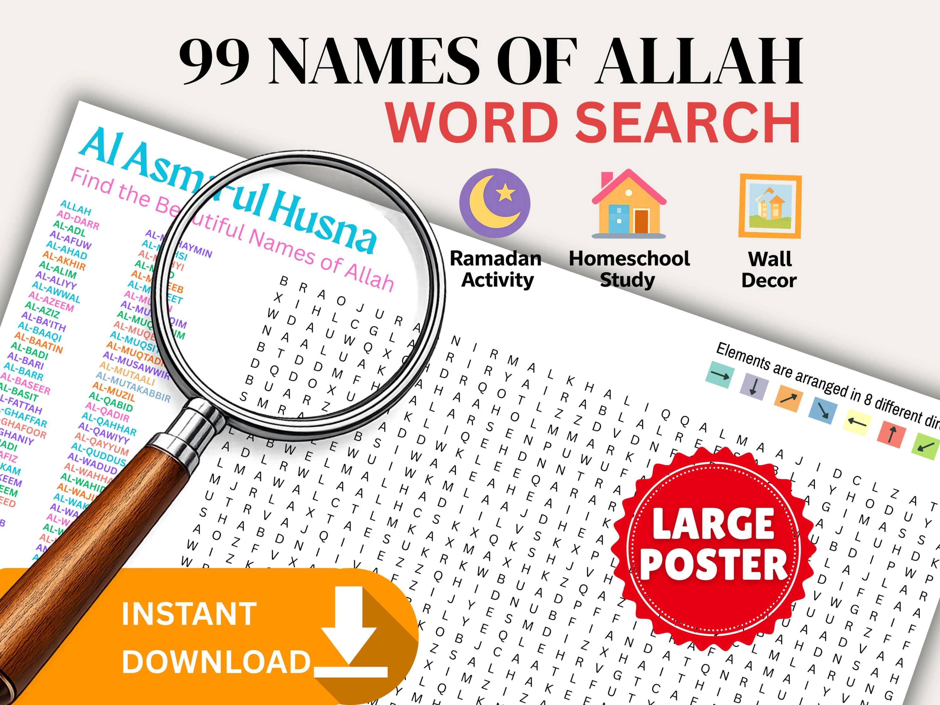 99 Names of Allah Word Search Printable Poster | Asma Ul Husna Puzzle | Ramadan & Eid Islamic Activity | Masjid Classroom Decor | Instant Download

Asma Ul Husna Word Search Digital Download | 99 Names of Allah Puzzle Poster | Islamic Homeschool Activity | Eid Fair Game | Muslim Wall Art

99 Names of Allah Printable Word Search | Ramadan Activity for Kids & Adults | Islamic Classroom Decor | Asma ul Husna Poster PDF