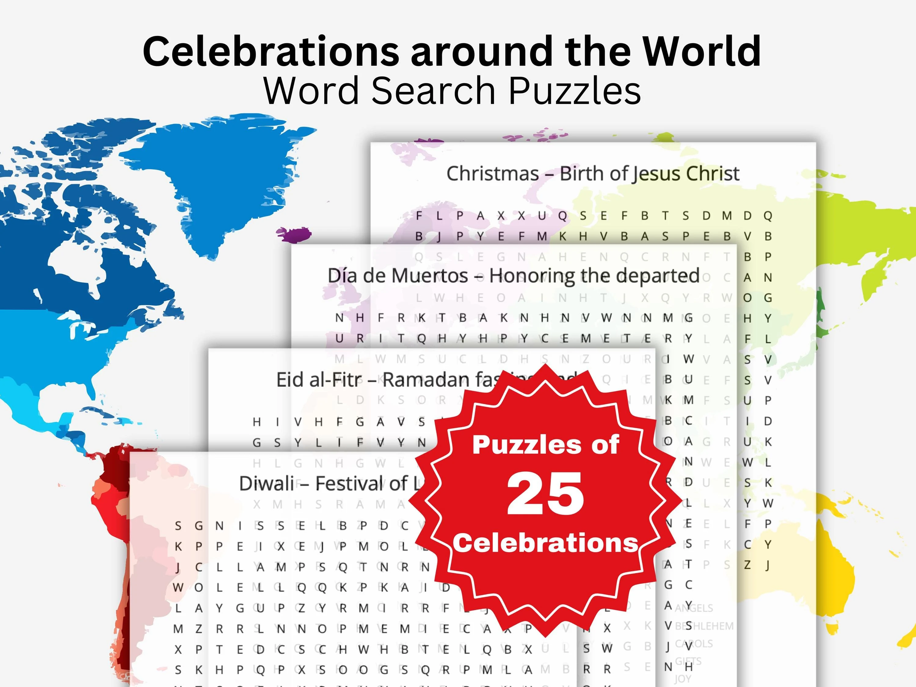Celebrations Around the World Word Search: 25 Holiday Puzzles (Digital Download)